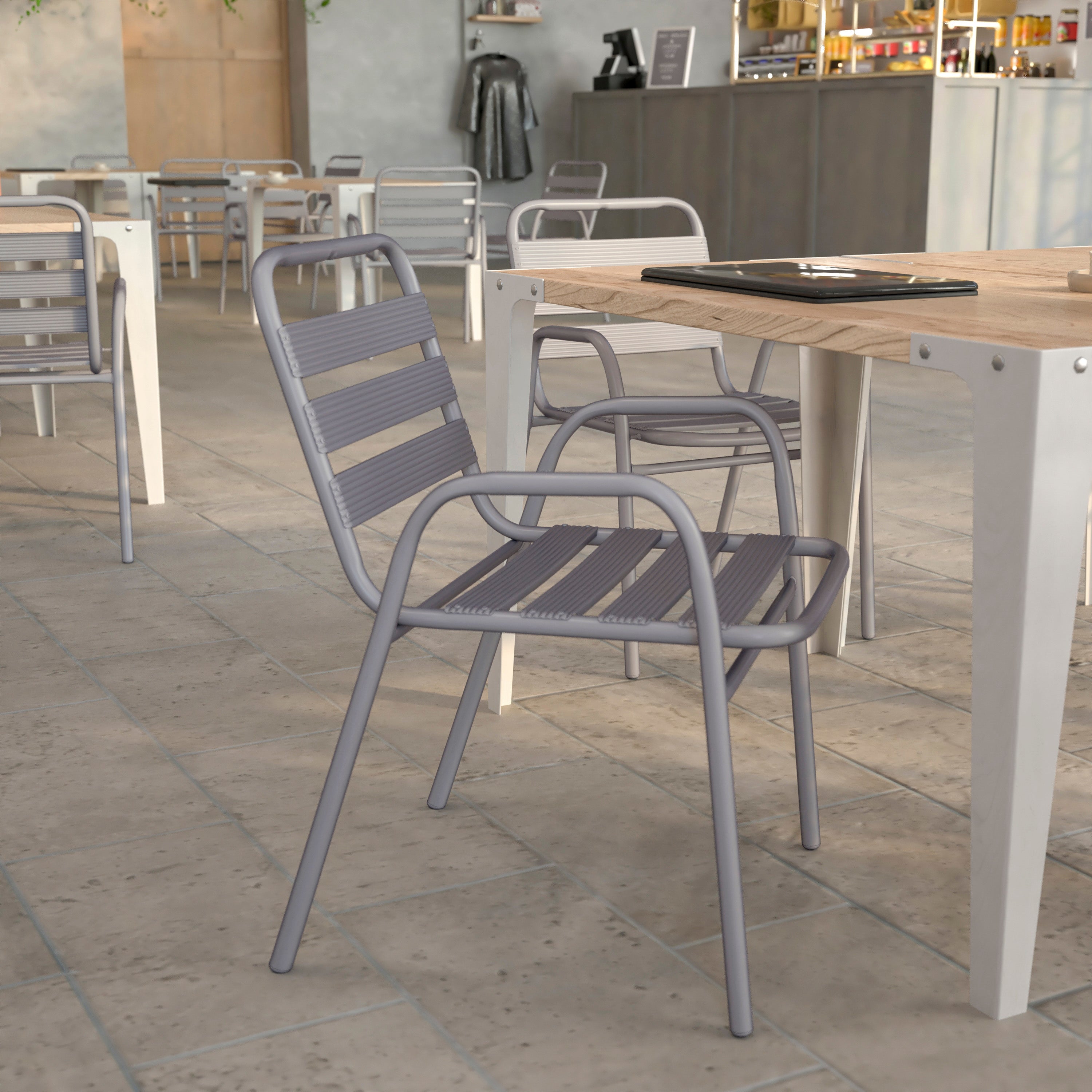 Lila Commercial Silver Metal Indoor-Outdoor Restaurant Stack Chair with Metal Triple Slat Back and Arms