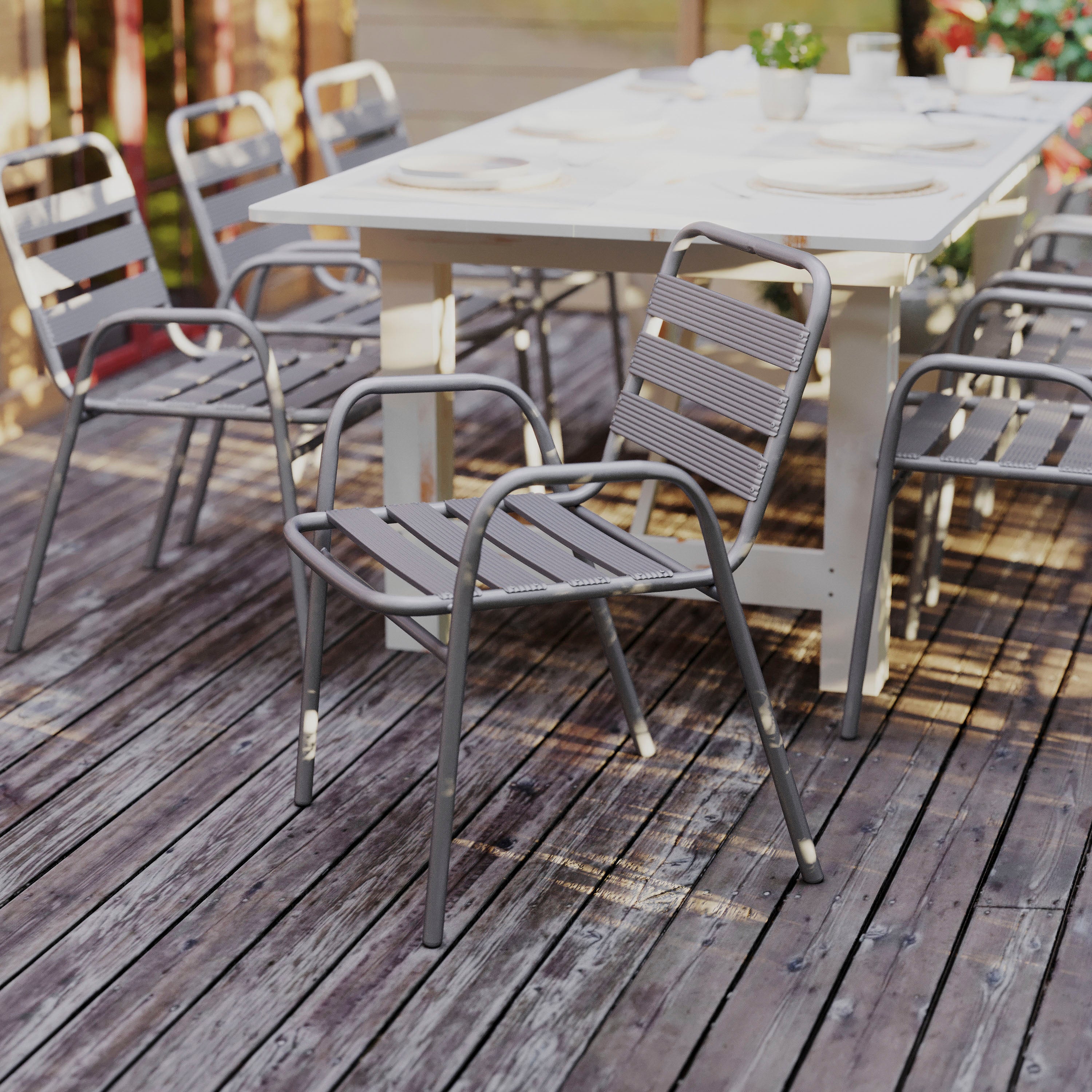 Lila Commercial Silver Metal Indoor-Outdoor Restaurant Stack Chair with Metal Triple Slat Back and Arms