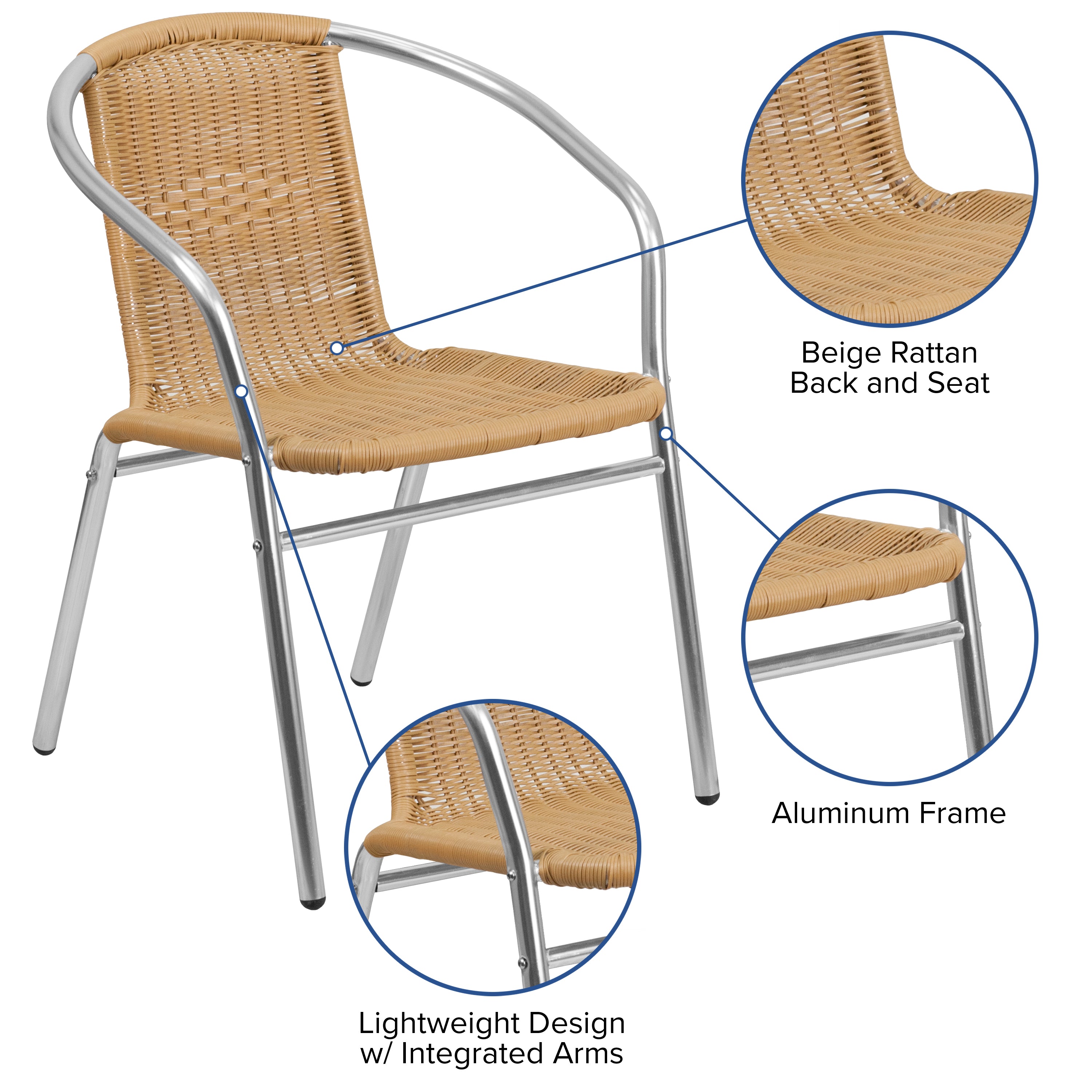 Lila Commercial Aluminum and Beige Rattan Indoor-Outdoor Restaurant Stack Chair