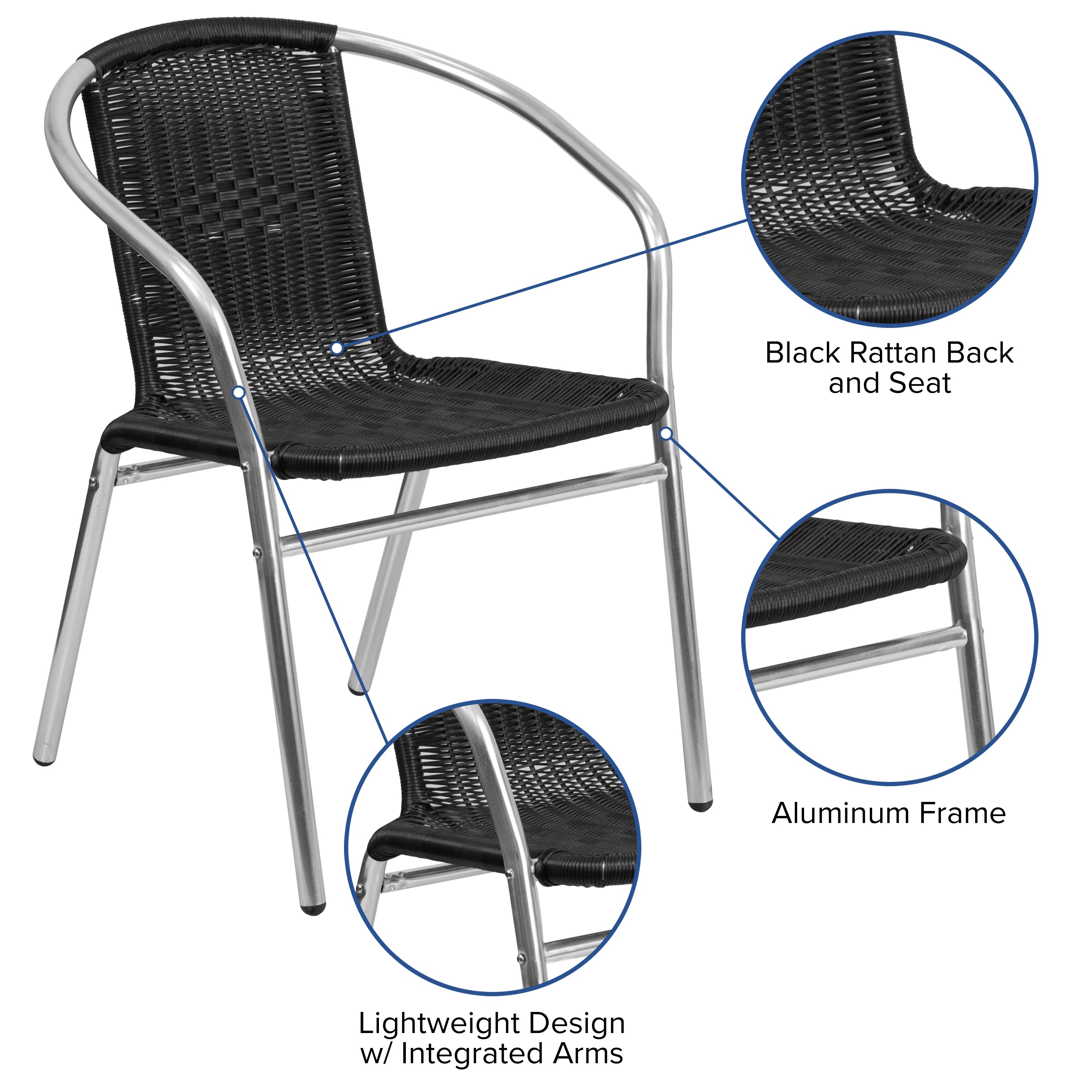 Lila Commercial Aluminum and Black Rattan Indoor-Outdoor Restaurant Stack Chair