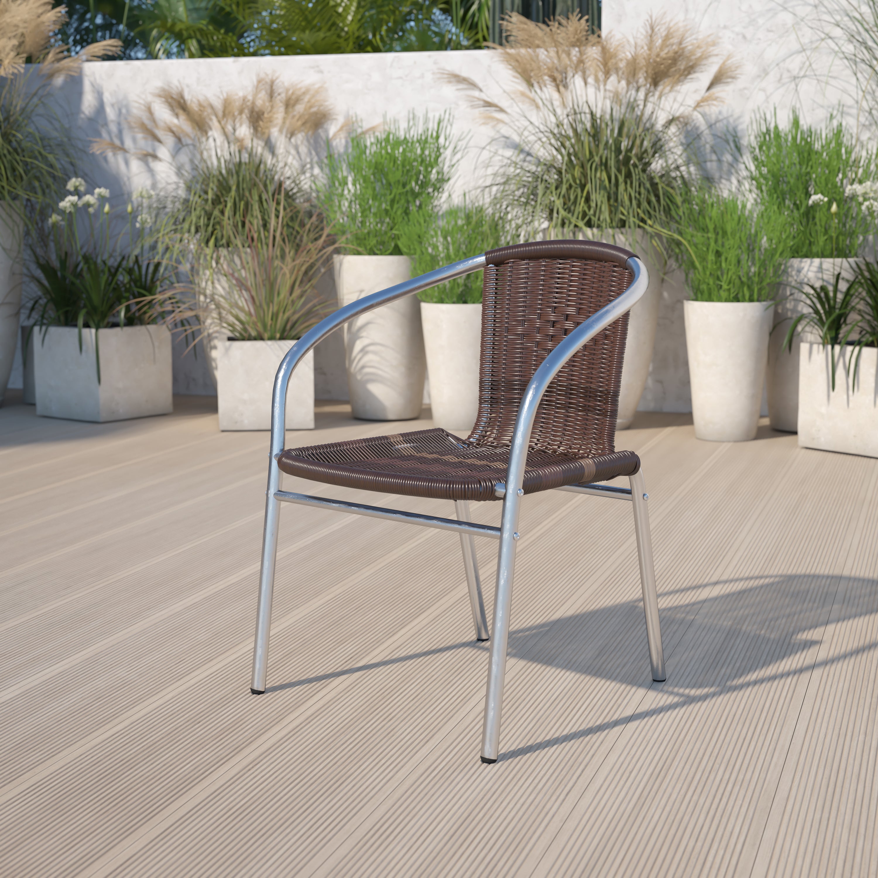 Lila Commercial Aluminum and Dark Brown Rattan Indoor-Outdoor Restaurant Stack Chair