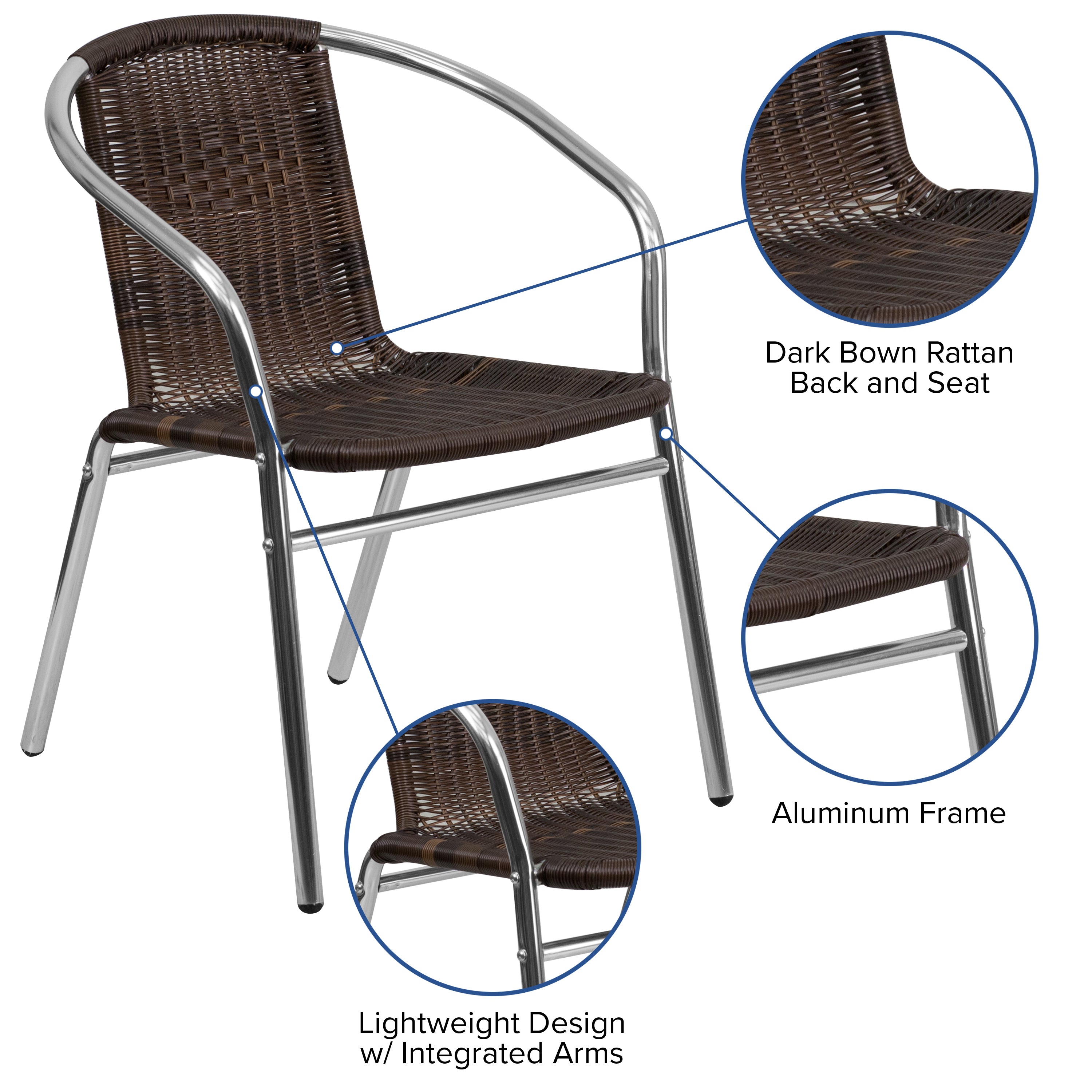 Lila Commercial Aluminum and Dark Brown Rattan Indoor-Outdoor Restaurant Stack Chair