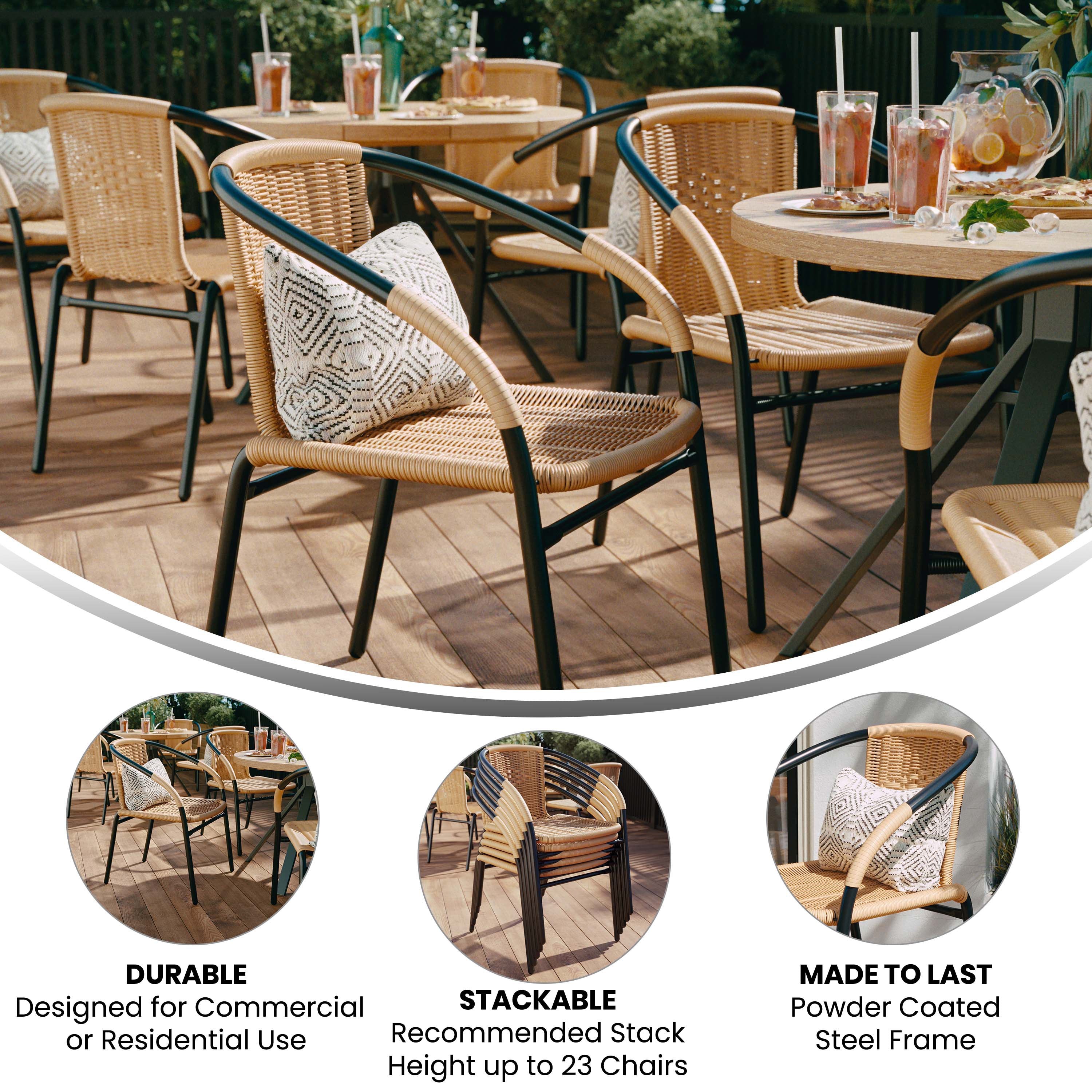 Lila Set of 2 Commercial Grade Beige Rattan Indoor-Outdoor Restaurant Stack Chairs