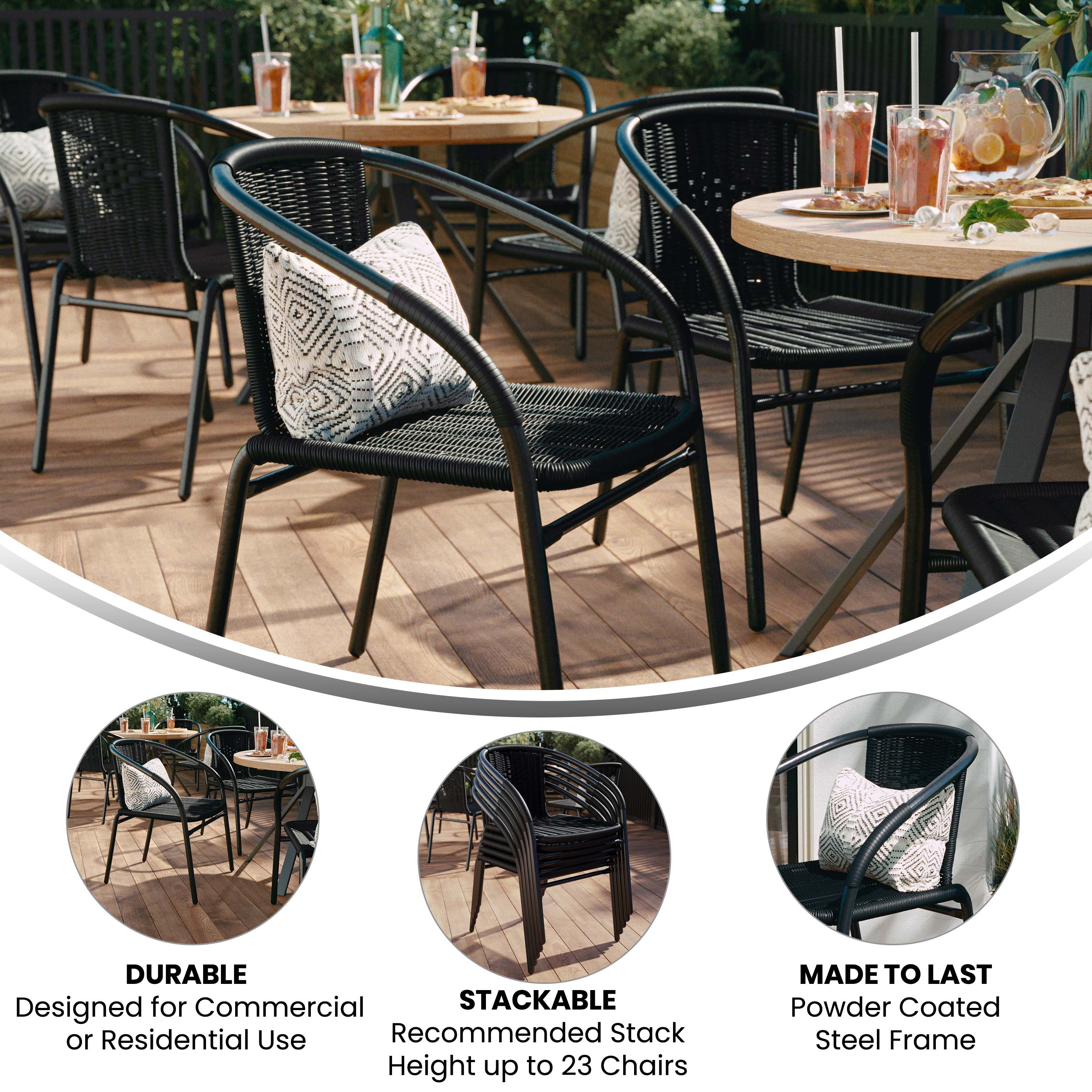 Lila Set of 2 Commercial Grade Black Rattan Indoor-Outdoor Restaurant Stack Chairs