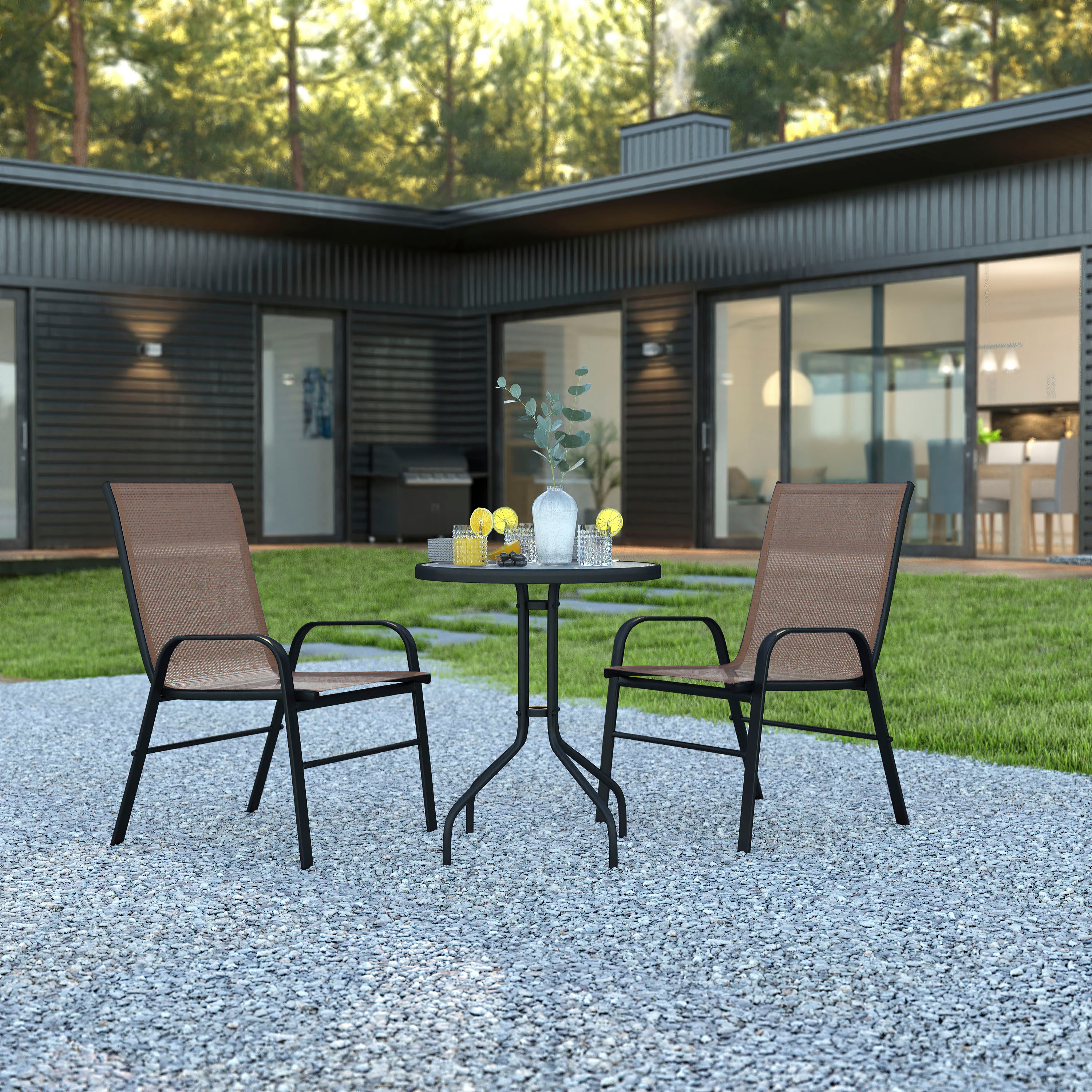 Brazos 3 Piece Outdoor Patio Dining Set - 23.75" Round Tempered Glass Patio Table, 2 Brown Flex Comfort Stack Chairs