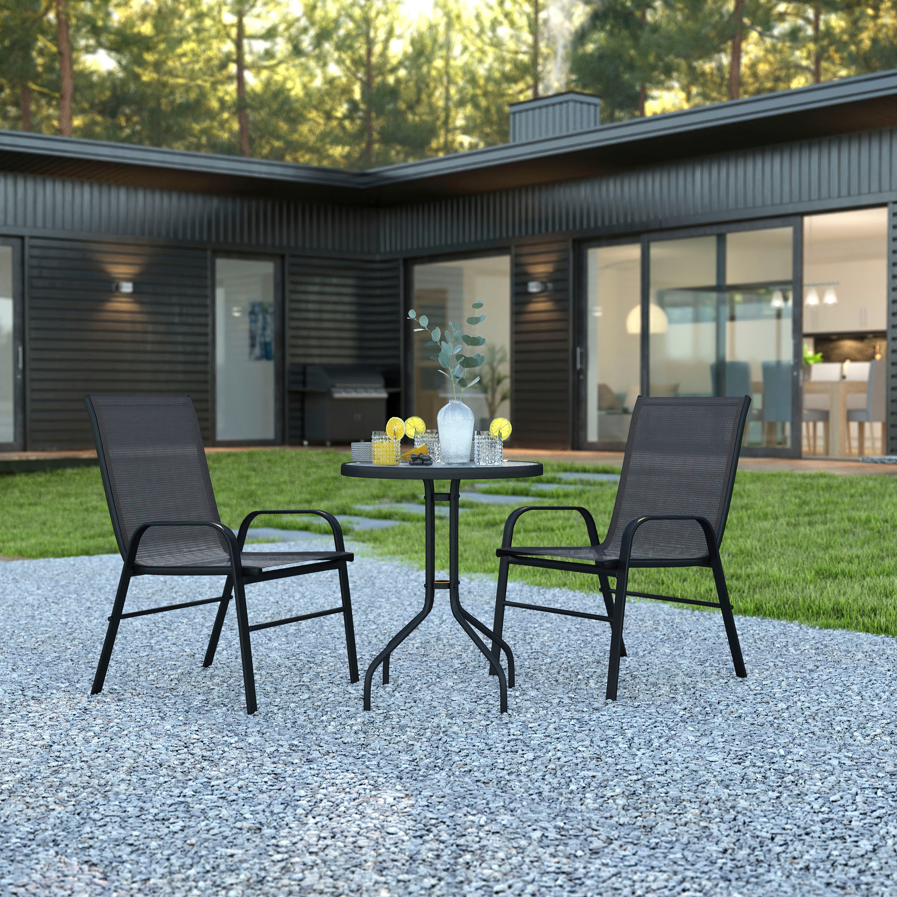 Brazos 3 Piece Outdoor Patio Dining Set - 23.75" Round Tempered Glass Patio Table, 2 Black Flex Comfort Stack Chairs