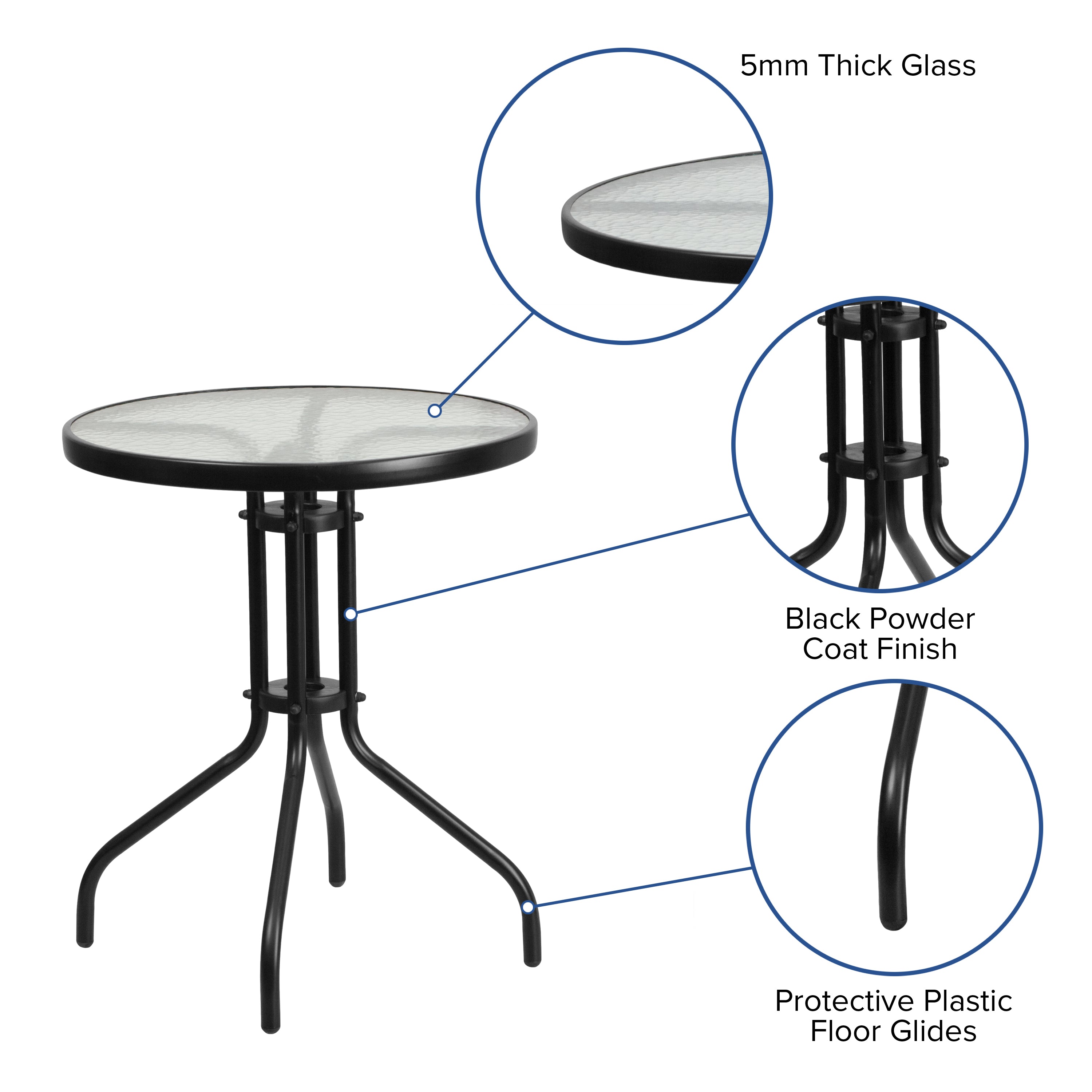 Brazos 3 Piece Outdoor Patio Dining Set - 23.75" Round Tempered Glass Patio Table, 2 Black Flex Comfort Stack Chairs