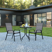 Brazos 3 Piece Outdoor Patio Dining Set - 23.75" Round Tempered Glass Patio Table, 2 Gray Flex Comfort Stack Chairs