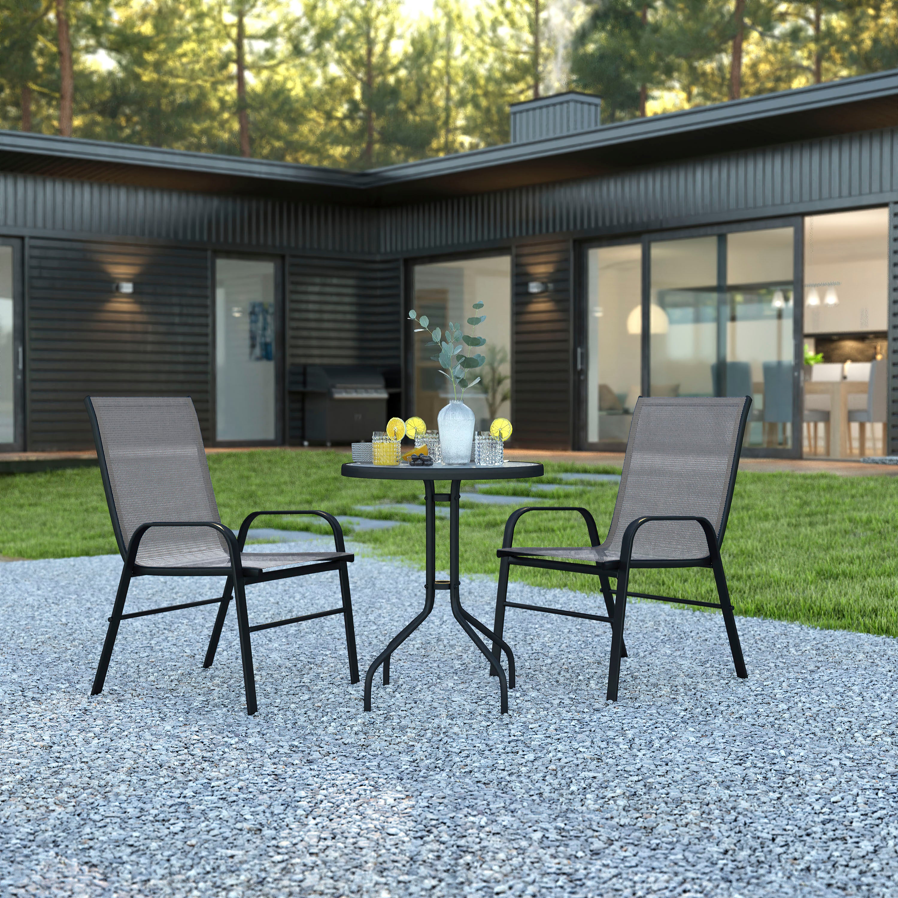 Brazos 3 Piece Outdoor Patio Dining Set - 23.75" Round Tempered Glass Patio Table, 2 Gray Flex Comfort Stack Chairs