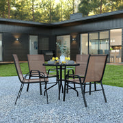 Brazos 5 Piece Outdoor Patio Dining Set - 31.5" Round Tempered Glass Patio Table, 4 Brown Flex Comfort Stack Chairs