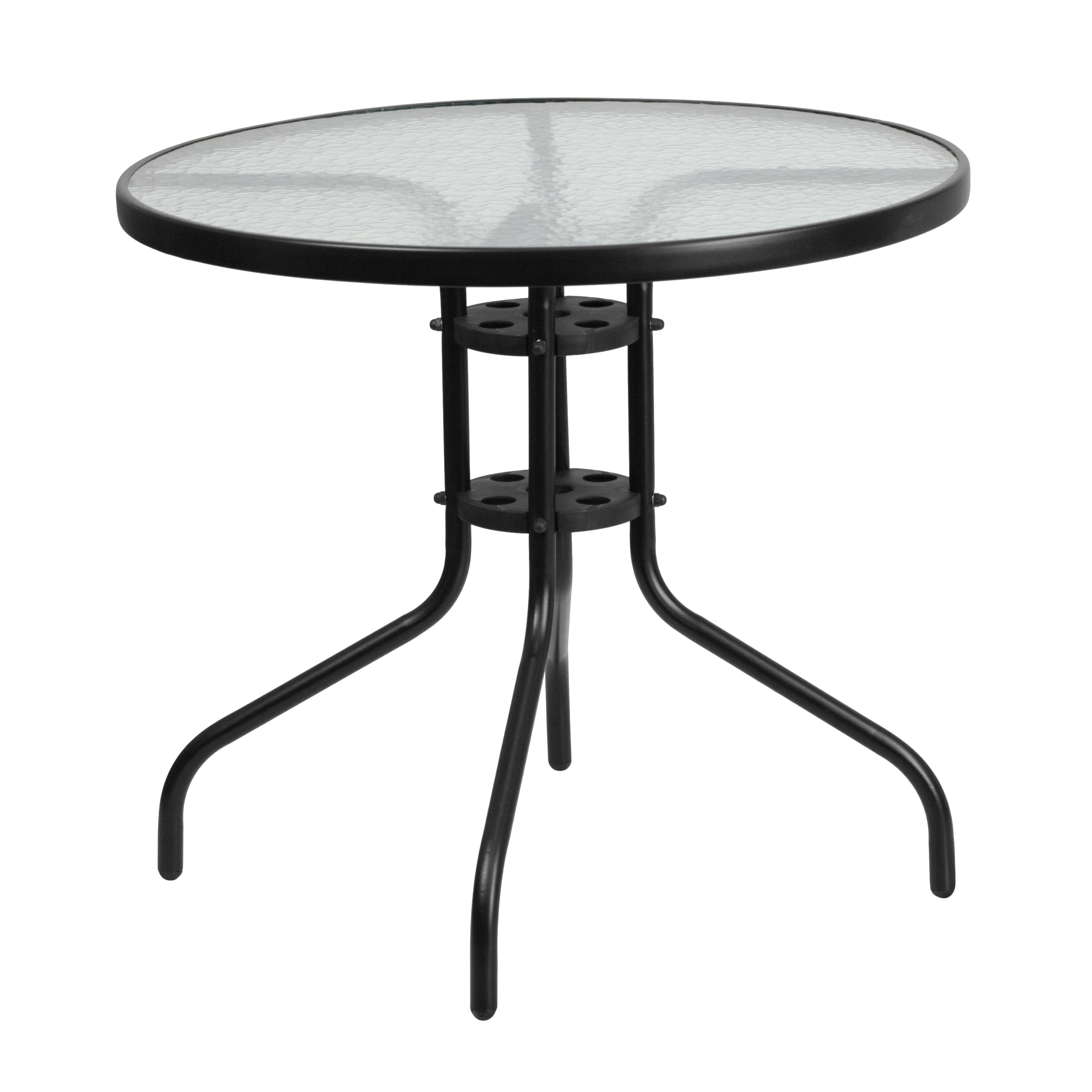 Brazos 5 Piece Outdoor Patio Dining Set - 31.5" Round Tempered Glass Patio Table, 4 Brown Flex Comfort Stack Chairs