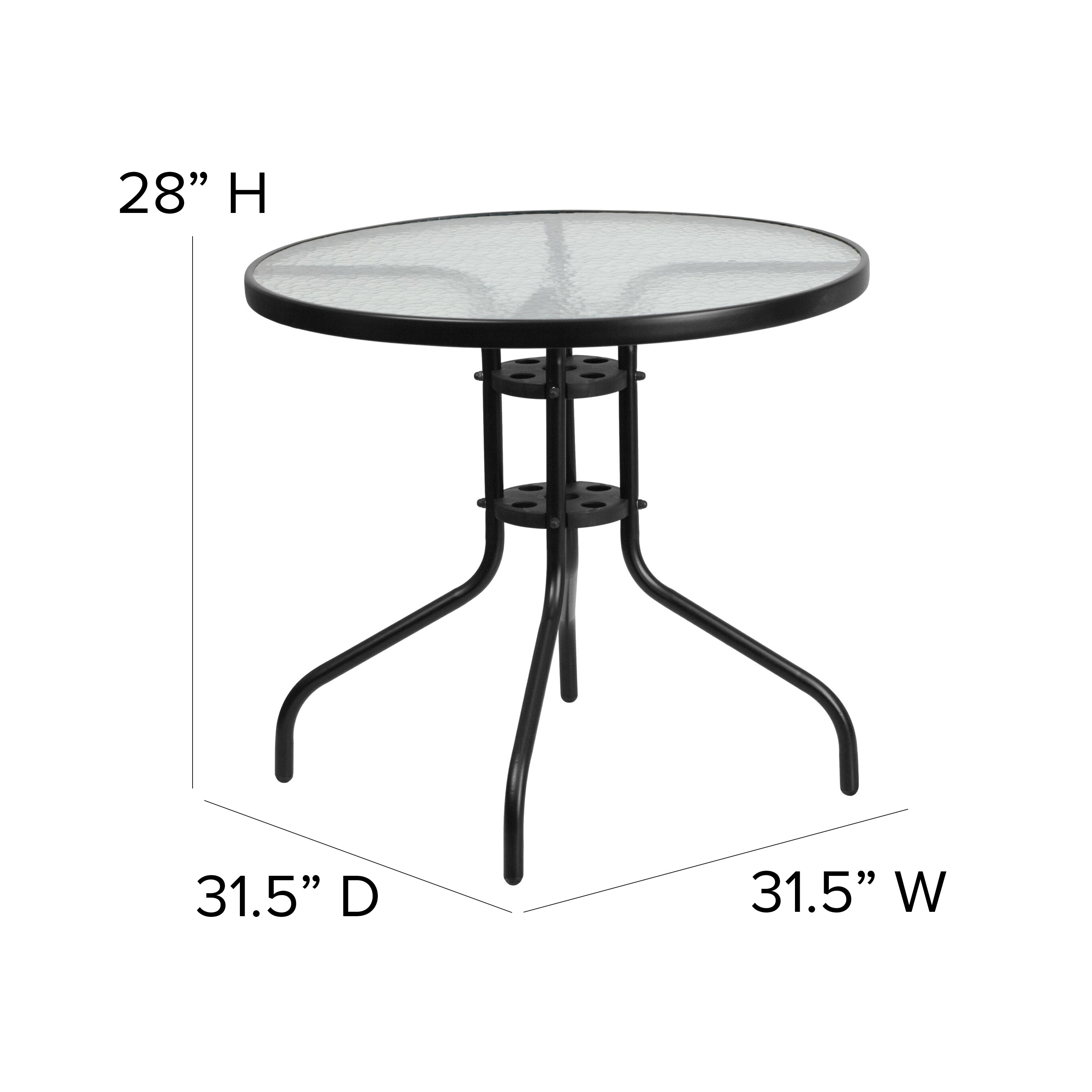 Brazos 5 Piece Outdoor Patio Dining Set - 31.5" Round Tempered Glass Patio Table, 4 Black Flex Comfort Stack Chairs