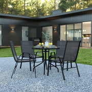 Brazos 5 Piece Outdoor Patio Dining Set - 31.5" Round Tempered Glass Patio Table, 4 Black Flex Comfort Stack Chairs