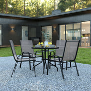Brazos 5 Piece Outdoor Patio Dining Set - 31.5" Round Tempered Glass Patio Table, 4 Gray Flex Comfort Stack Chairs