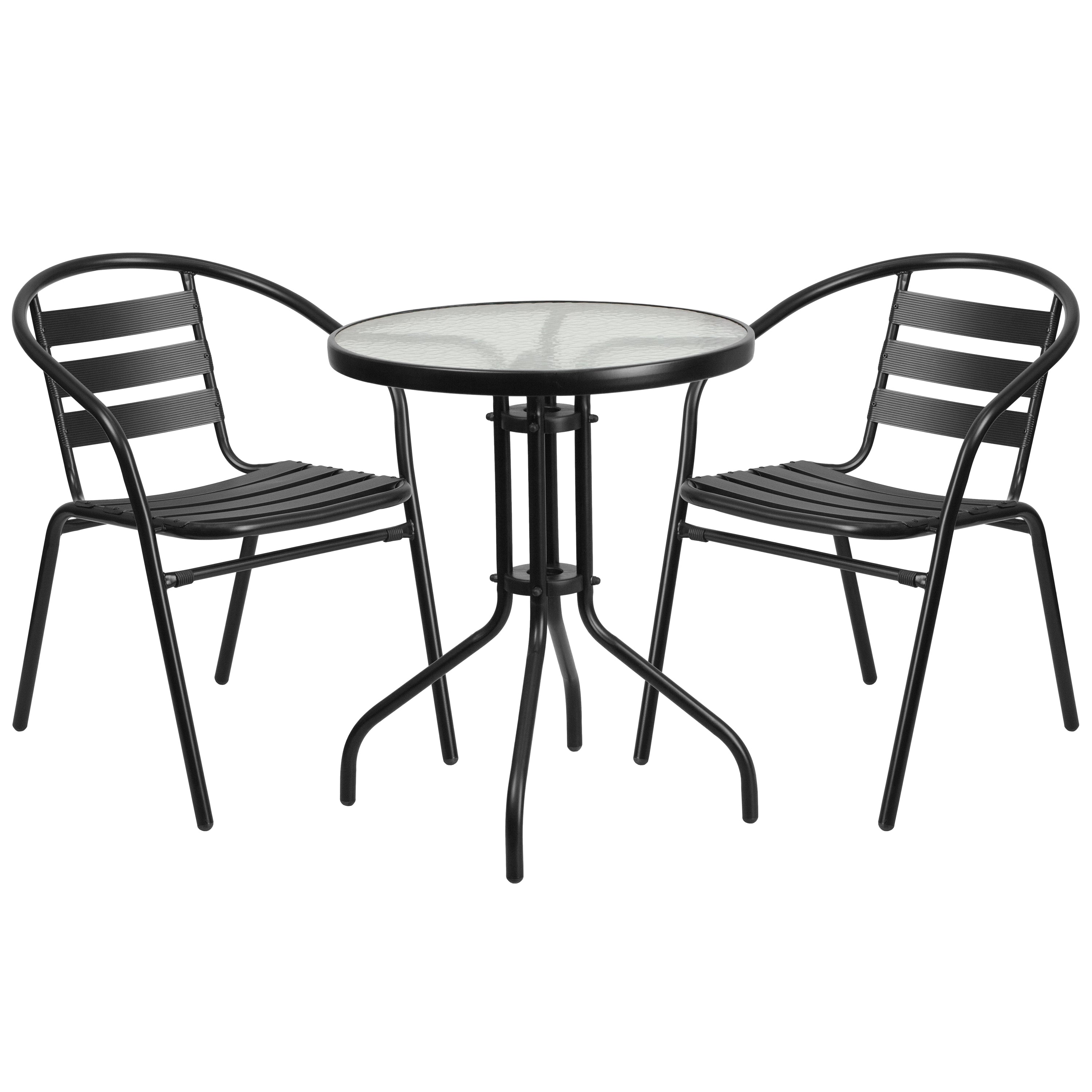 Lila 23.75'' Round Glass Metal Table with 2 Black Metal Aluminum Slat Stack Chairs