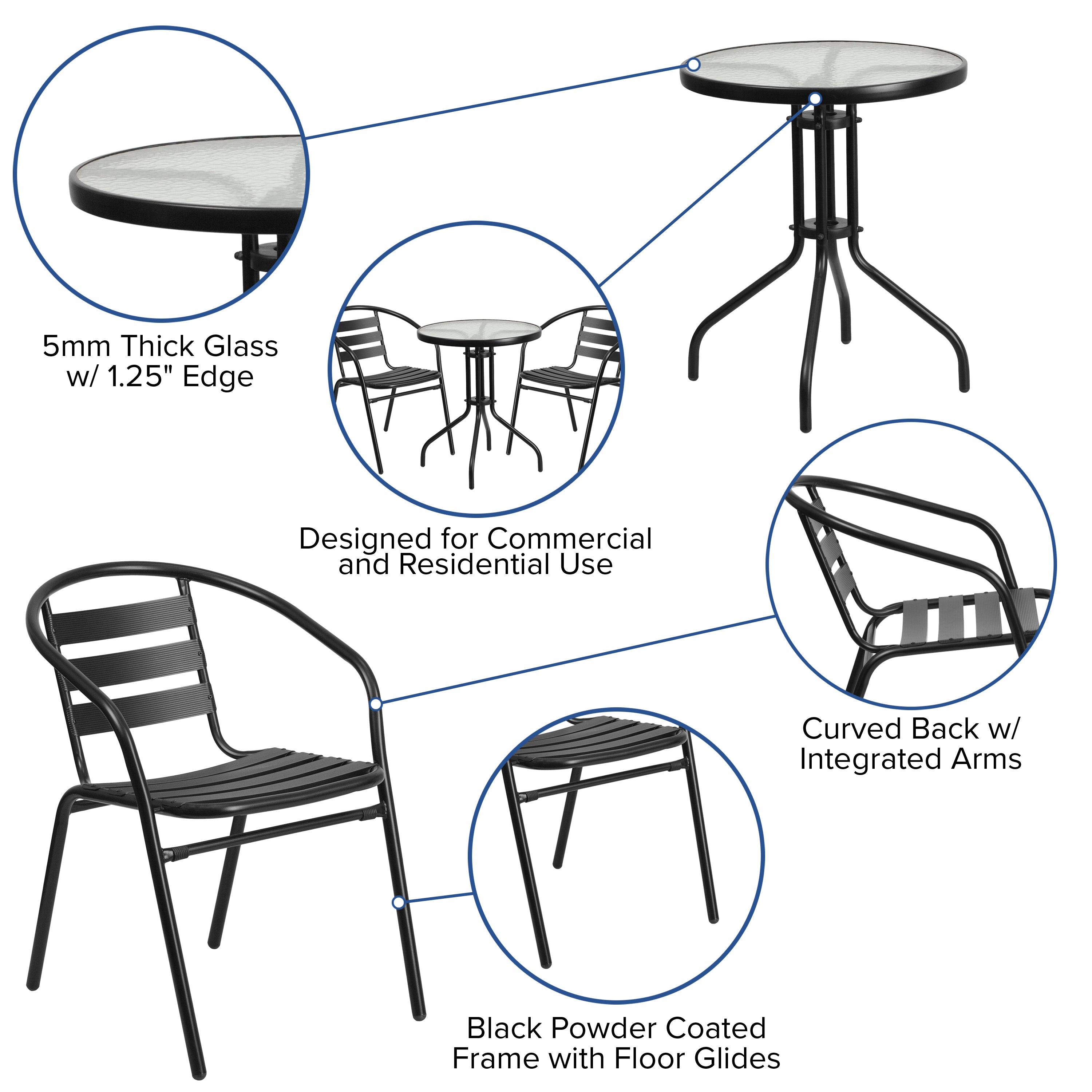 Lila 23.75'' Round Glass Metal Table with 2 Black Metal Aluminum Slat Stack Chairs