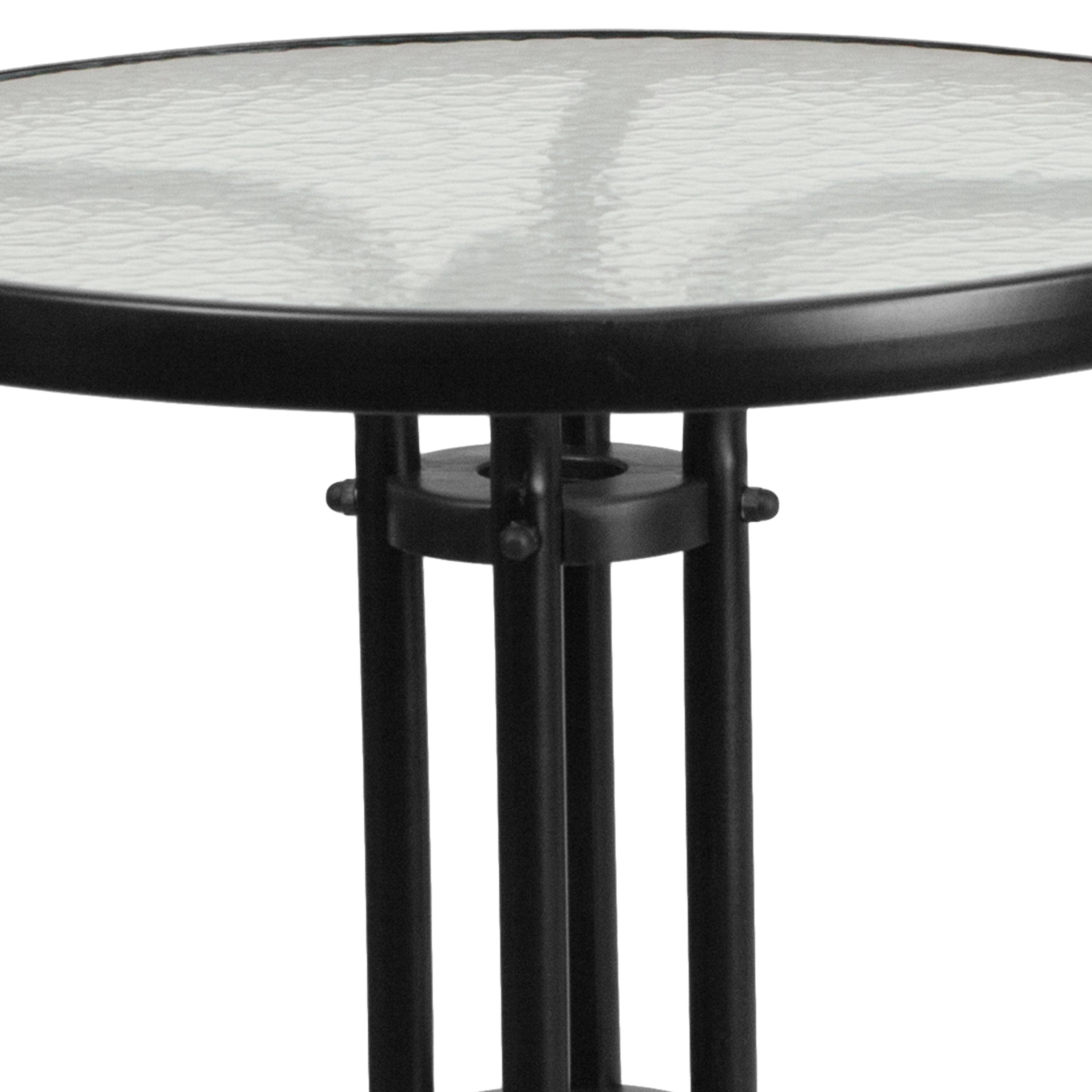 Lila 23.75'' Round Glass Metal Table with 2 Black Metal Aluminum Slat Stack Chairs