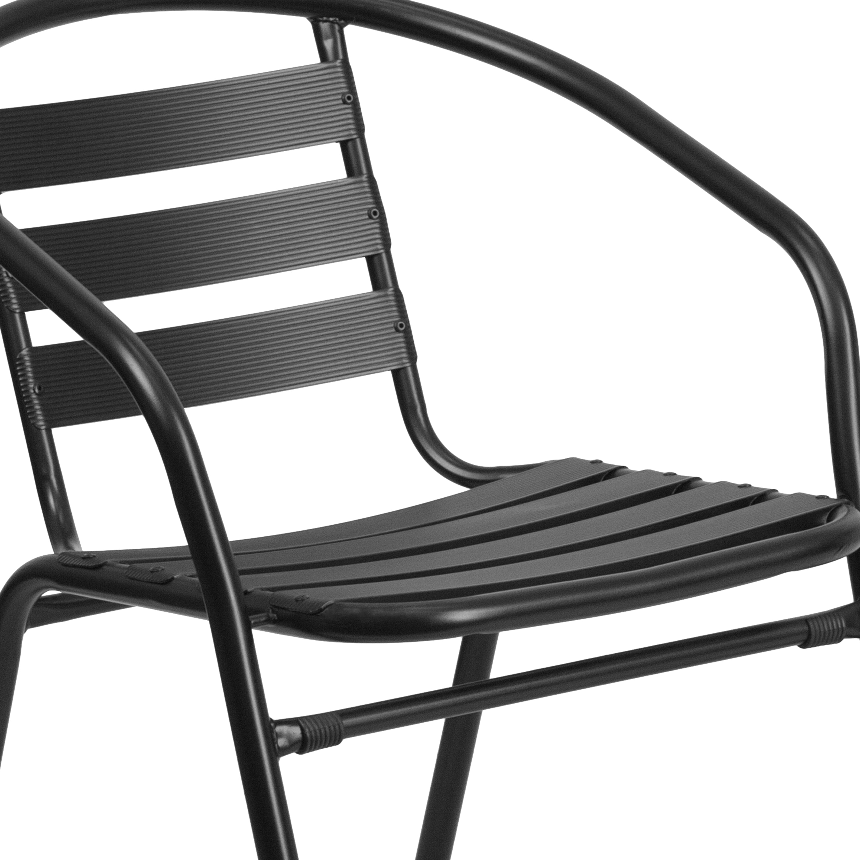 Lila 23.75'' Round Glass Metal Table with 2 Black Metal Aluminum Slat Stack Chairs