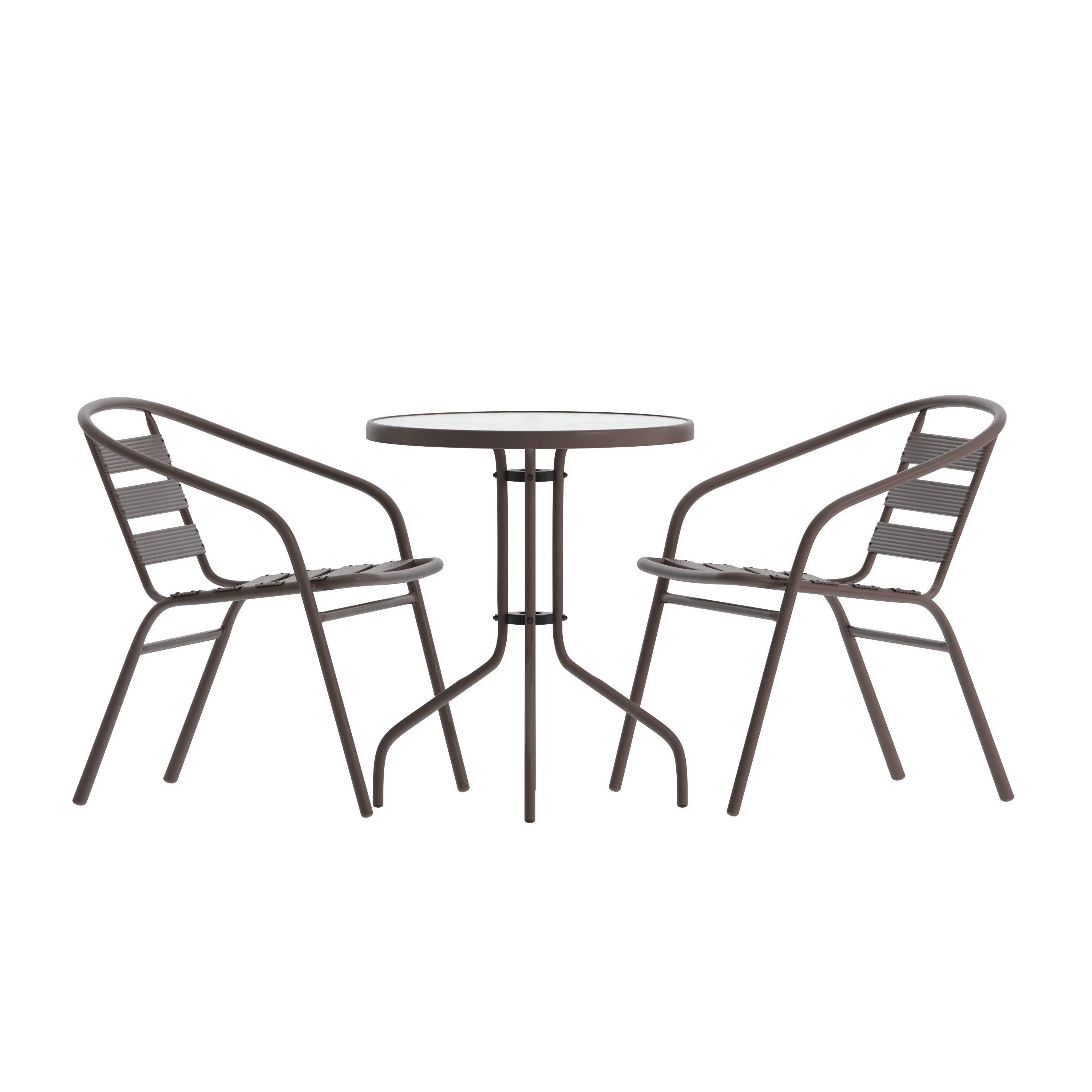 Lila 23.75'' Round Glass Top Metal Table with 2 Bronze Aluminum Slat Stack Chairs