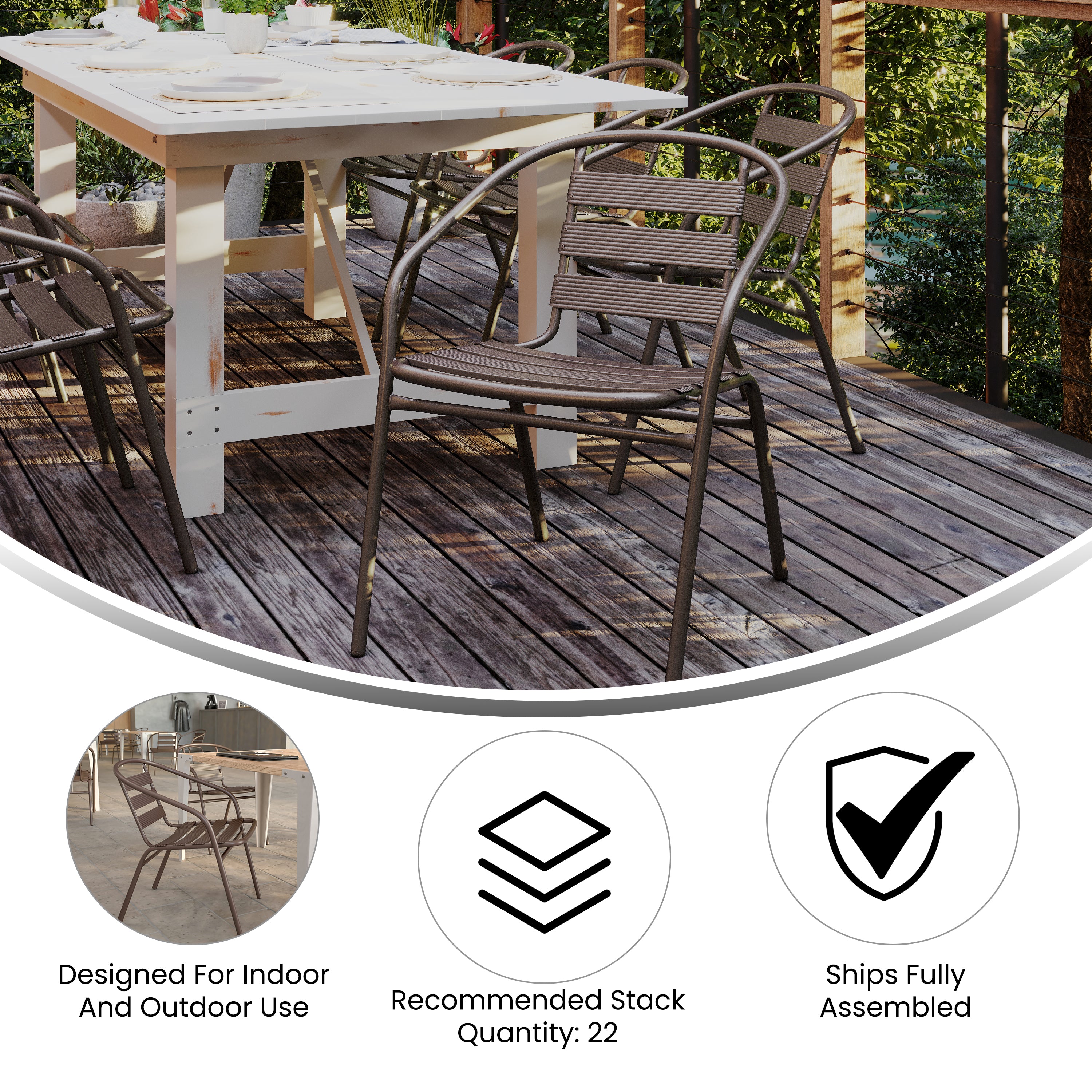 Lila 23.75'' Round Glass Top Metal Table with 2 Bronze Aluminum Slat Stack Chairs
