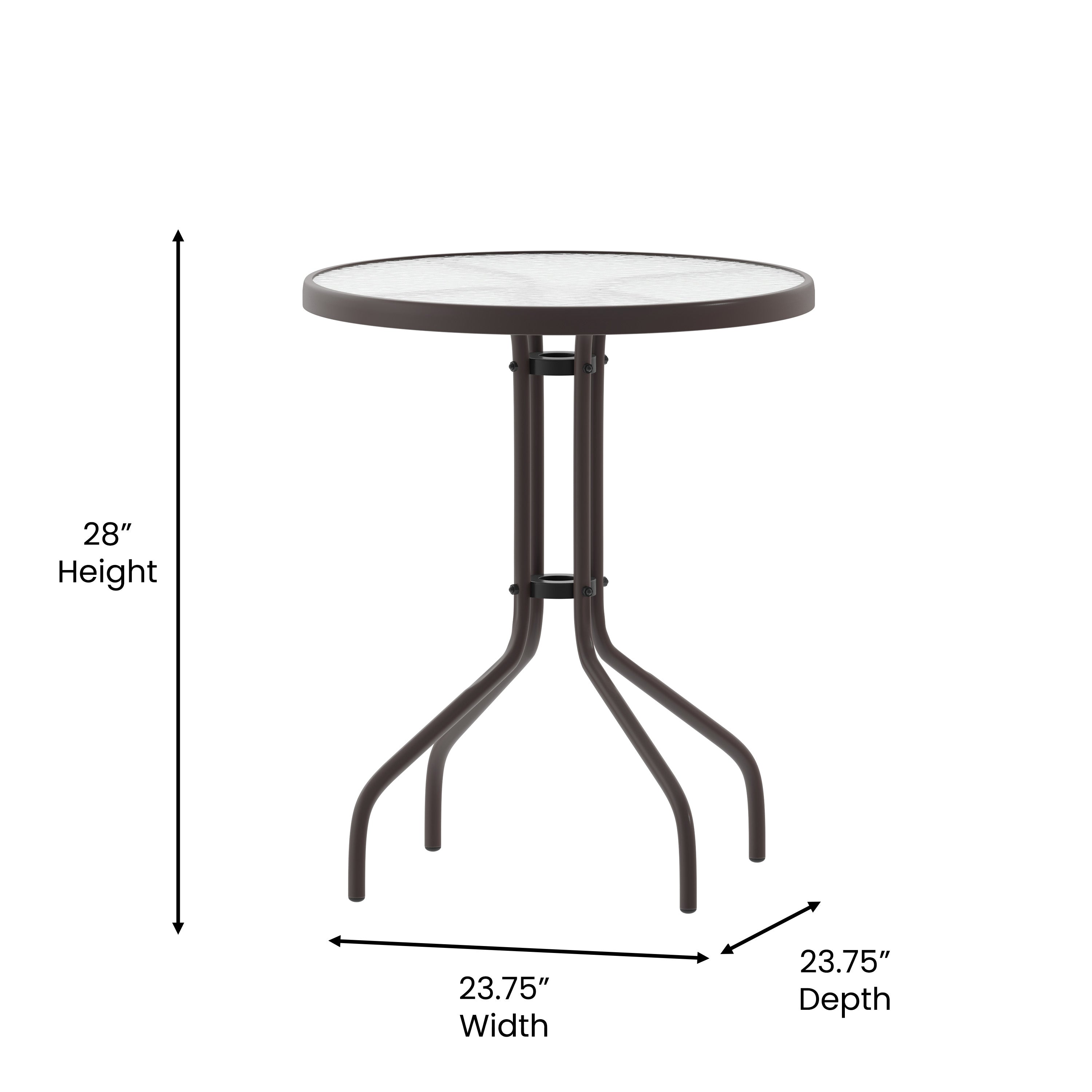 Lila 23.75'' Round Glass Top Metal Table with 2 Bronze Aluminum Slat Stack Chairs