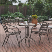 Lila 23.75'' Round Glass Top Metal Table with 2 Bronze Aluminum Slat Stack Chairs