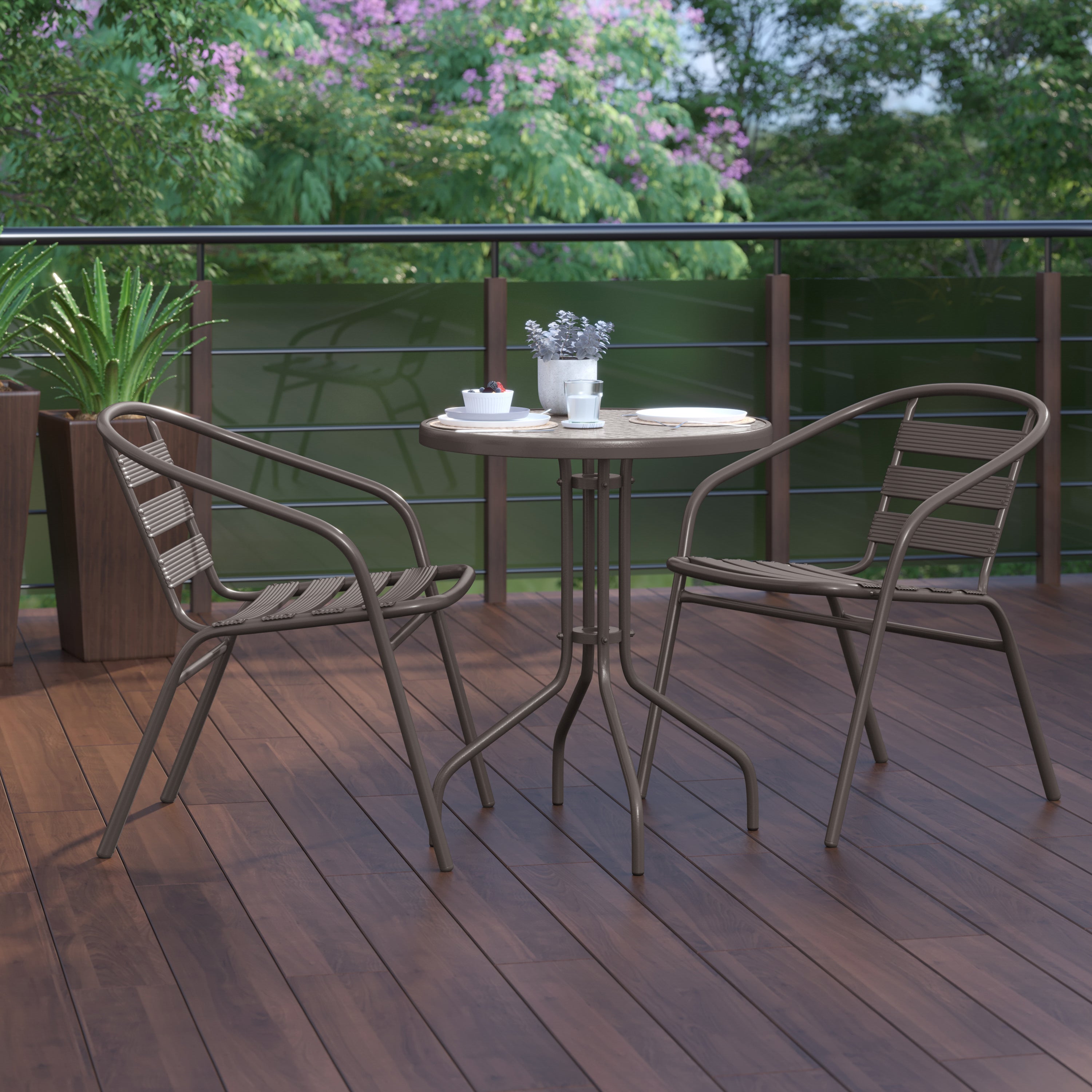 Lila 23.75'' Round Glass Top Metal Table with 2 Bronze Aluminum Slat Stack Chairs
