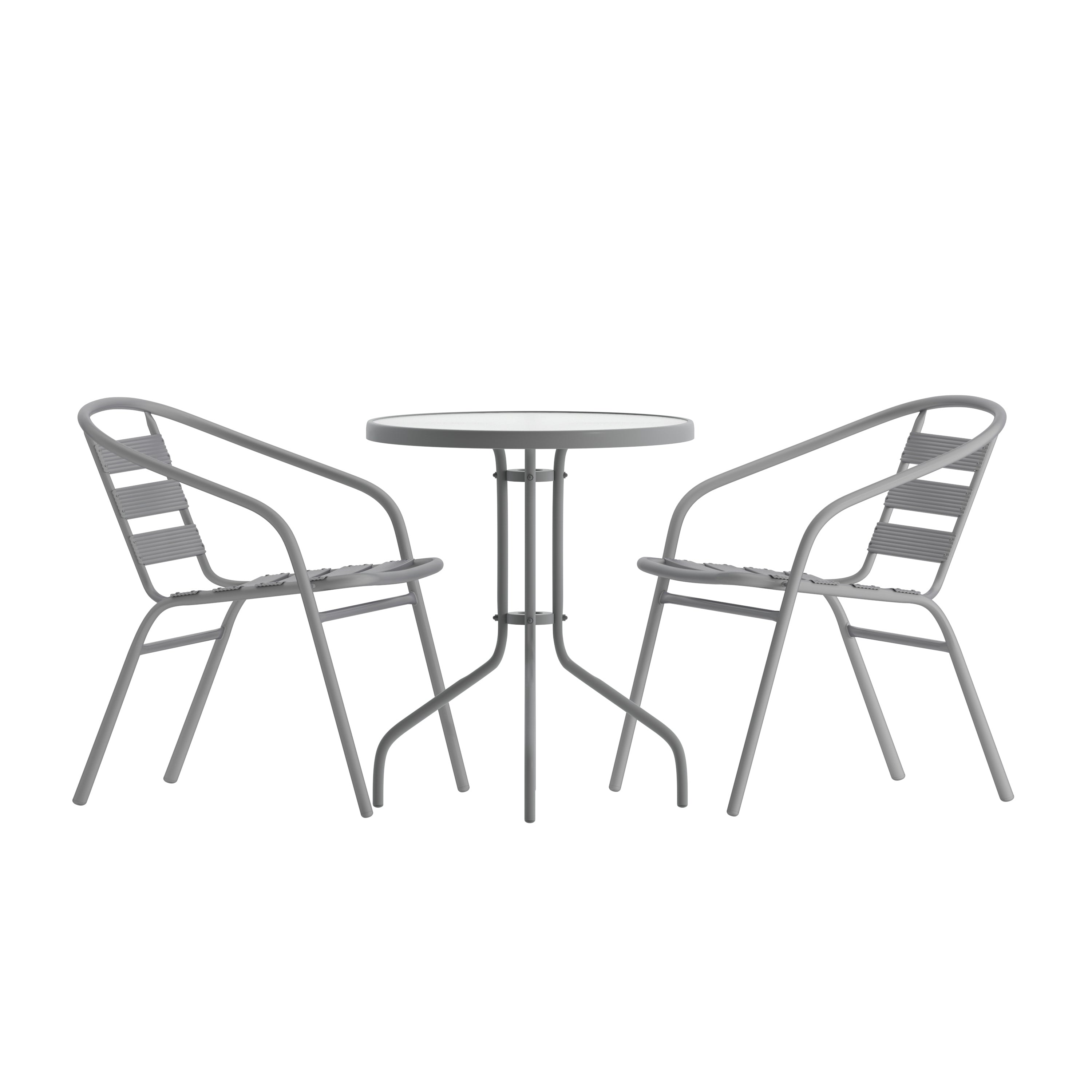 Lila 23.75'' Round Glass Top Metal Table with 2 Silver Aluminum Slat Stack Chairs