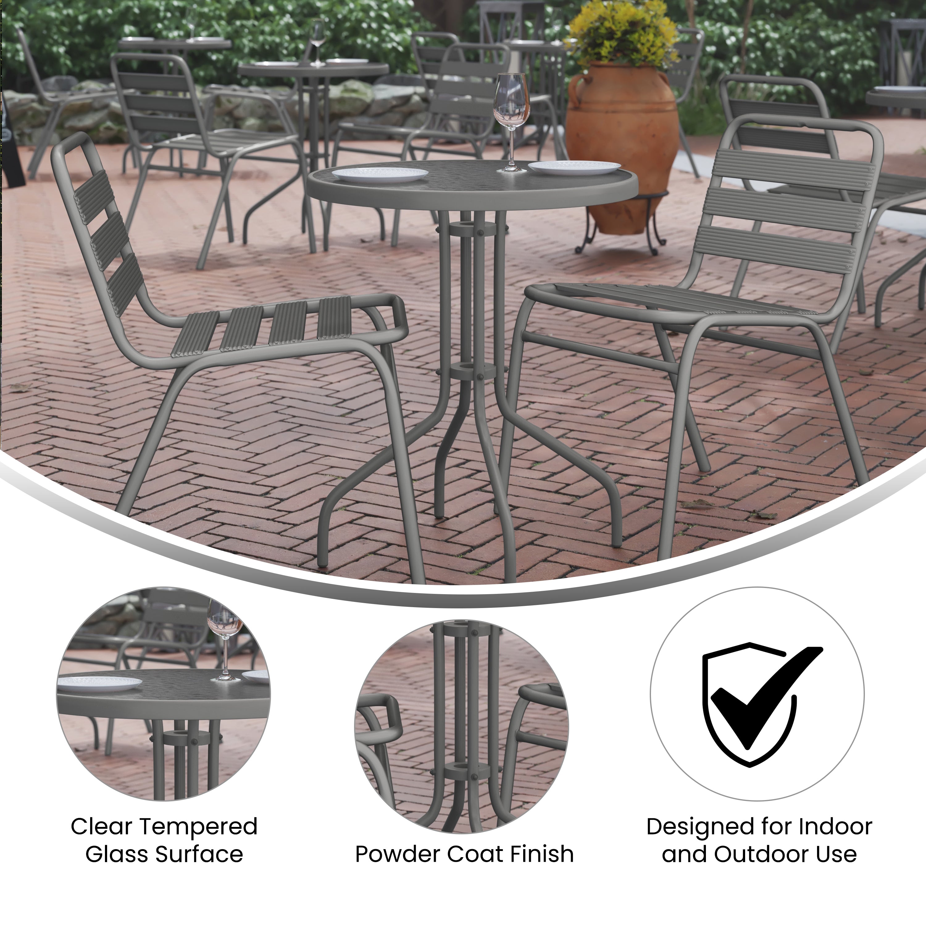 Lila 23.75'' Round Glass Top Metal Table with 2 Silver Aluminum Slat Stack Chairs
