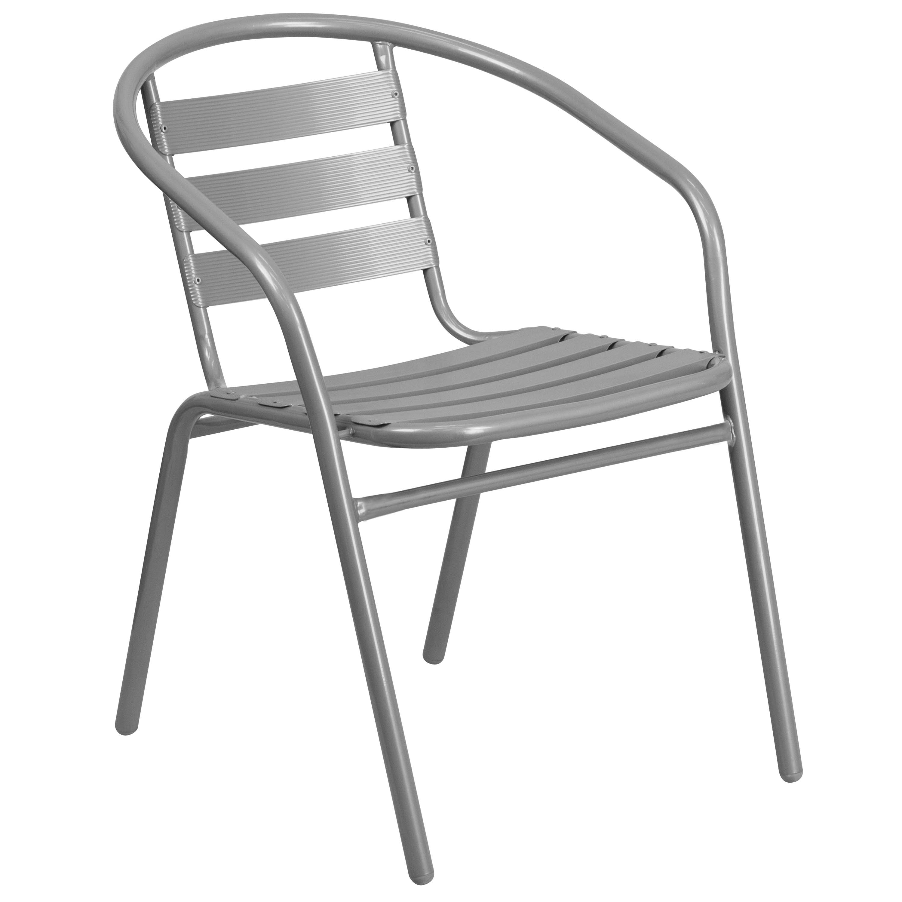 Lila 23.75'' Round Glass Top Metal Table with 2 Silver Aluminum Slat Stack Chairs
