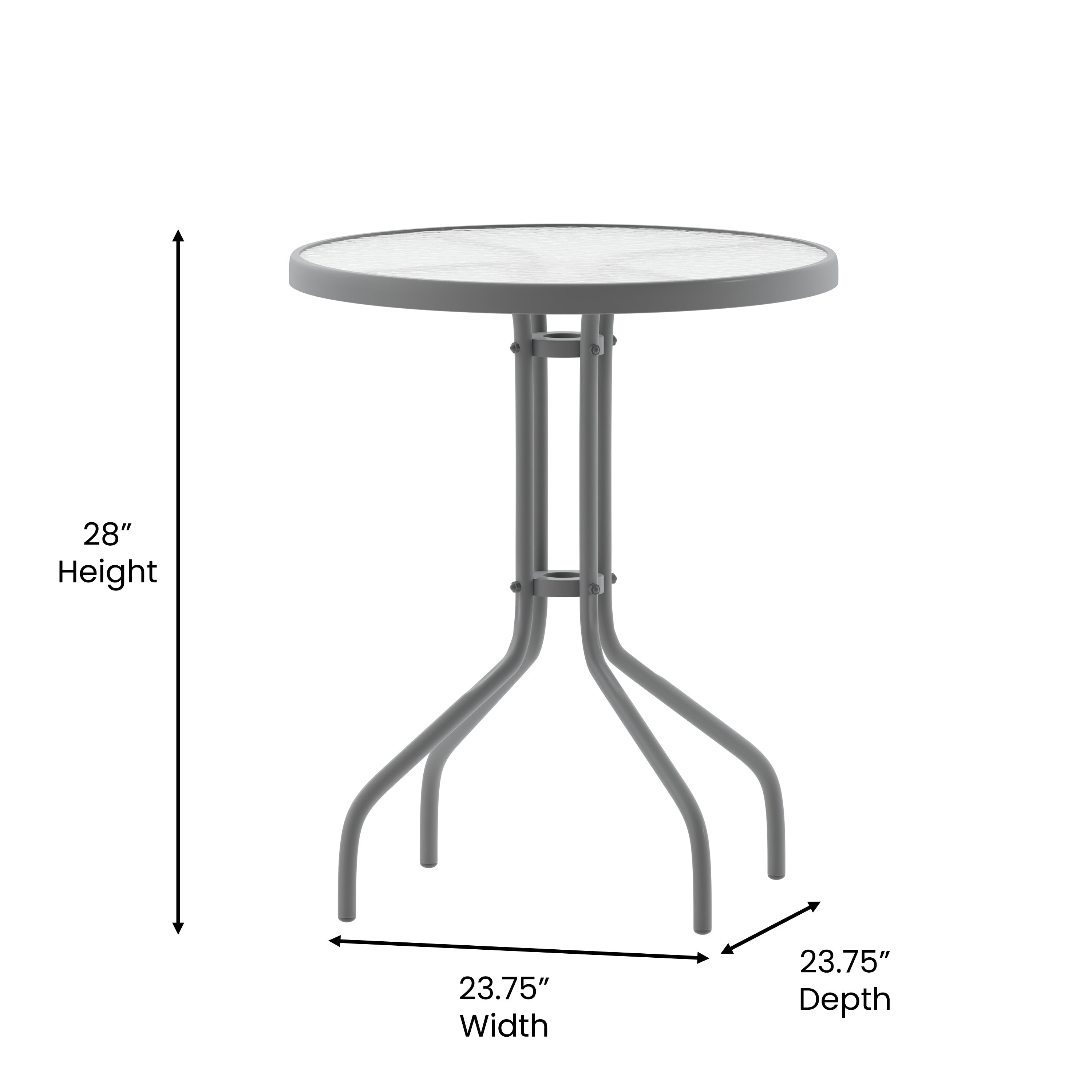 Lila 23.75'' Round Glass Top Metal Table with 2 Silver Aluminum Slat Stack Chairs