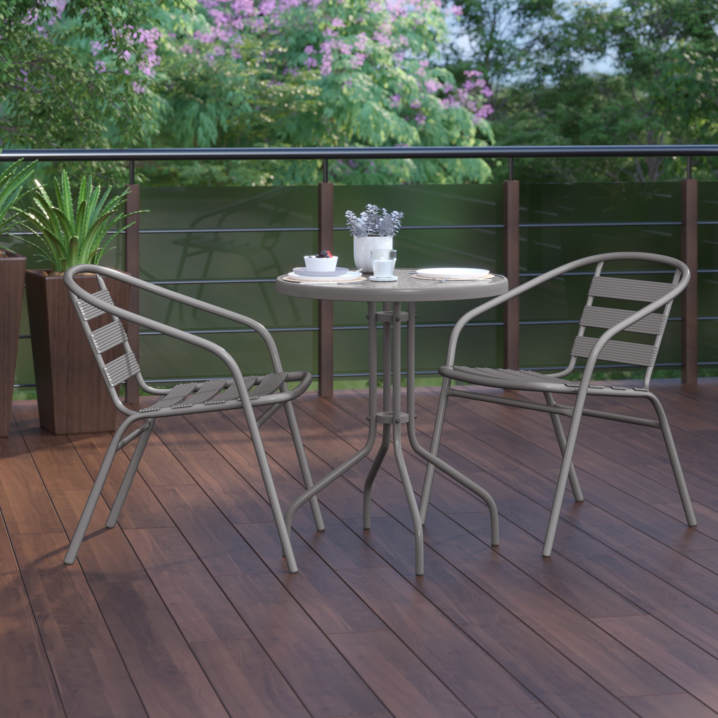 Lila 23.75'' Round Glass Top Metal Table with 2 Silver Aluminum Slat Stack Chairs