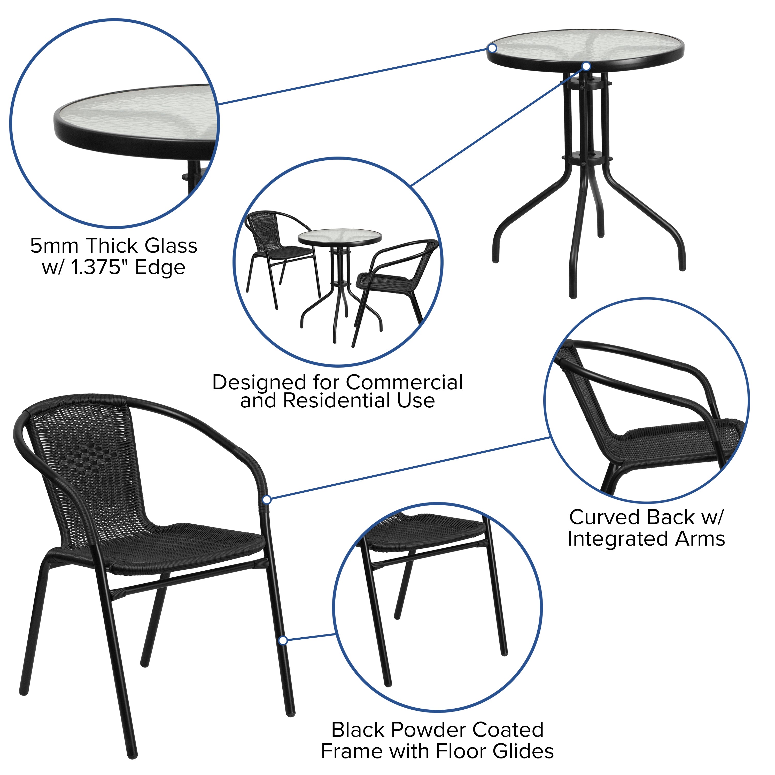 Lila 23.75'' Round Glass Metal Table with 2 Black Rattan Stack Chairs