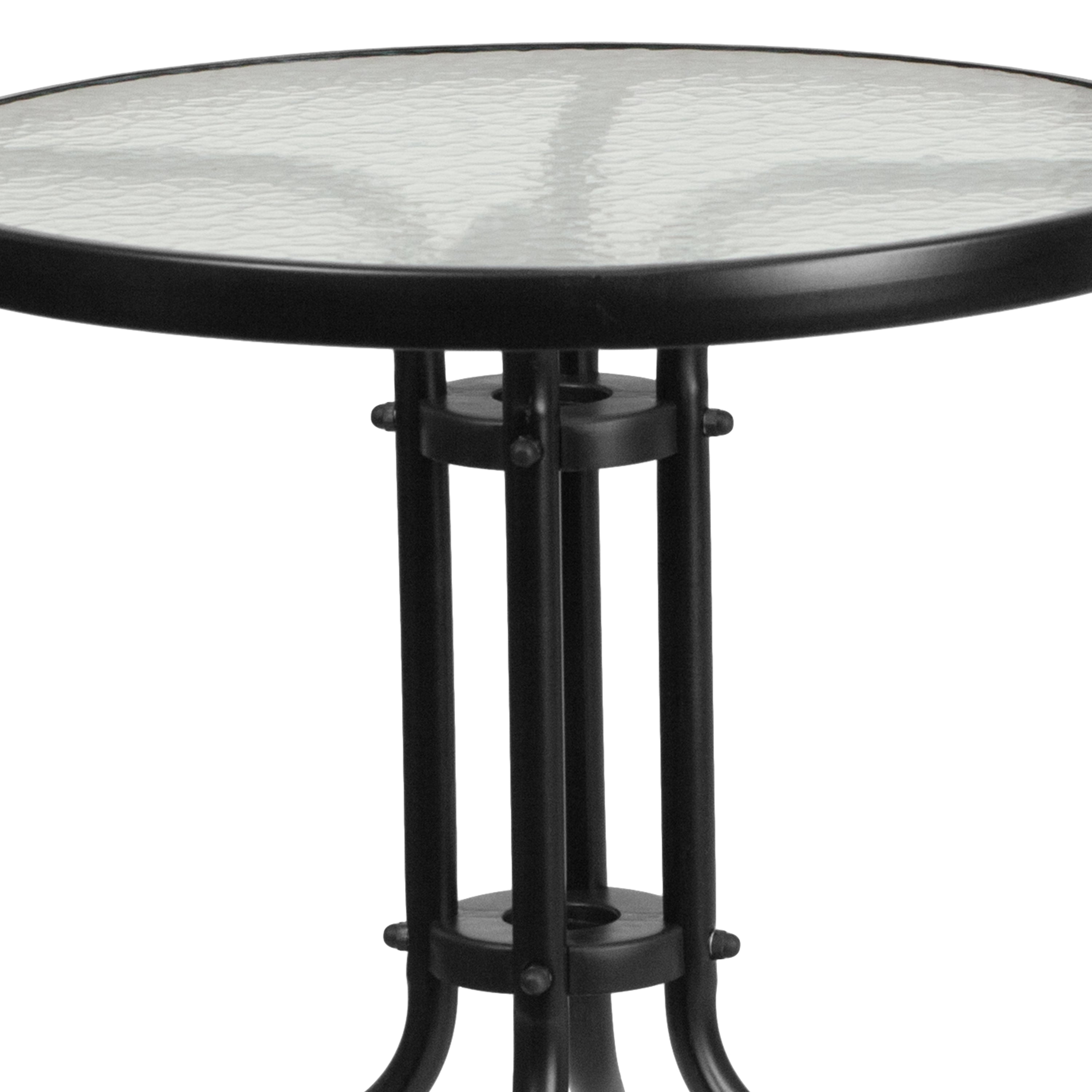 Lila 23.75'' Round Glass Metal Table with 2 Black Rattan Stack Chairs