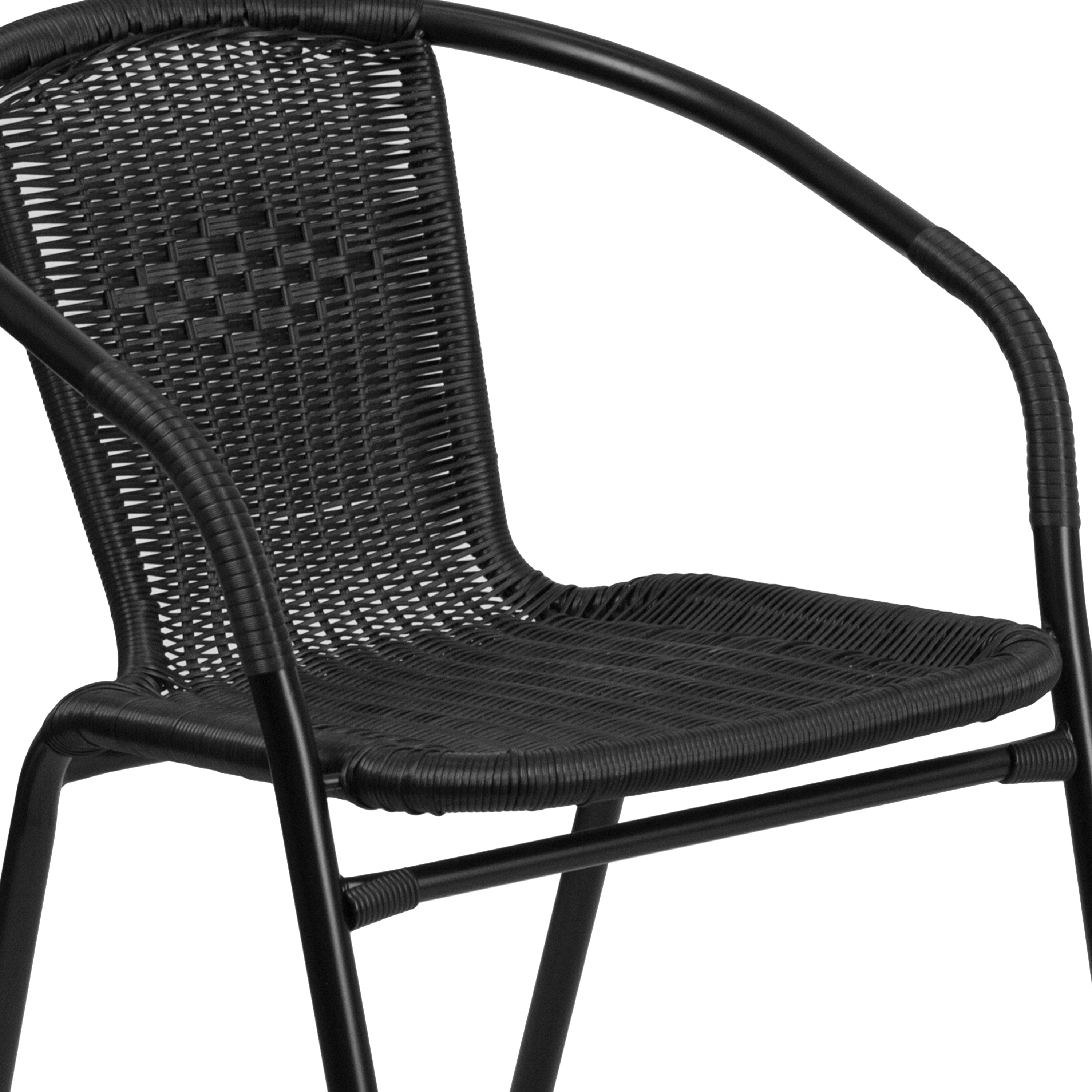 Lila 23.75'' Round Glass Metal Table with 2 Black Rattan Stack Chairs