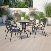 Lila 31.5'' Round Glass Metal Table with 4 Black Metal Aluminum Slat Stack Chairs