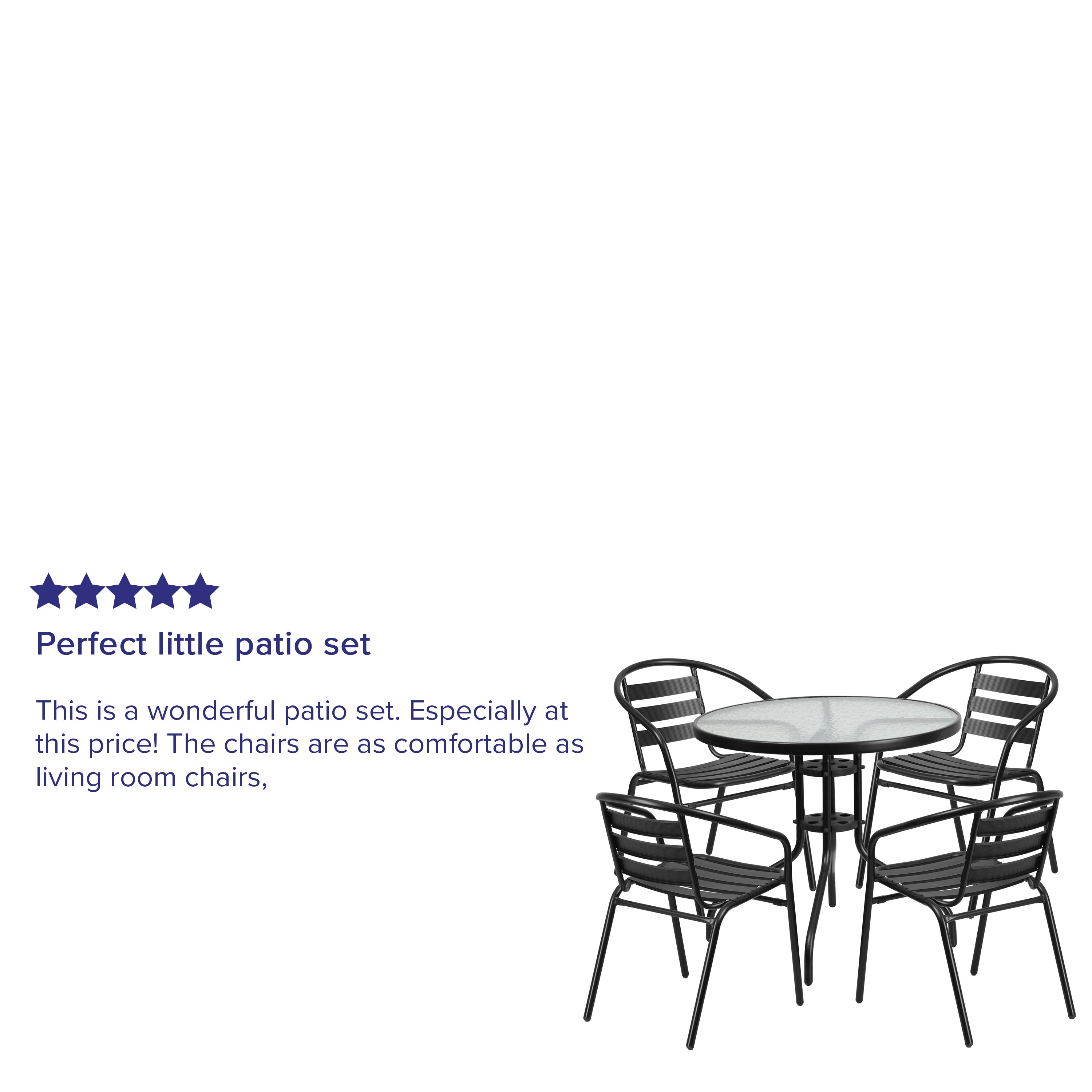 Lila 31.5'' Round Glass Metal Table with 4 Black Metal Aluminum Slat Stack Chairs
