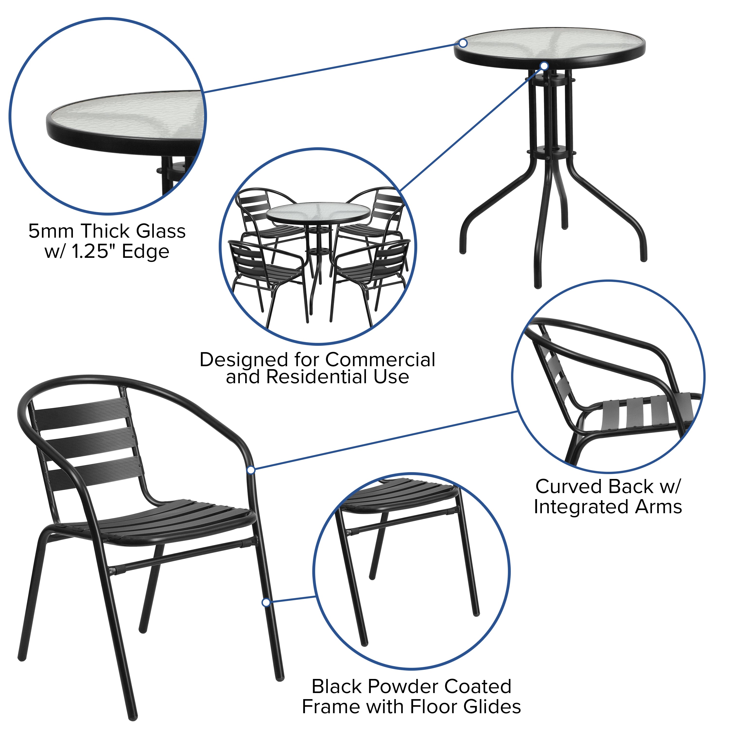 Lila 31.5'' Round Glass Metal Table with 4 Black Metal Aluminum Slat Stack Chairs
