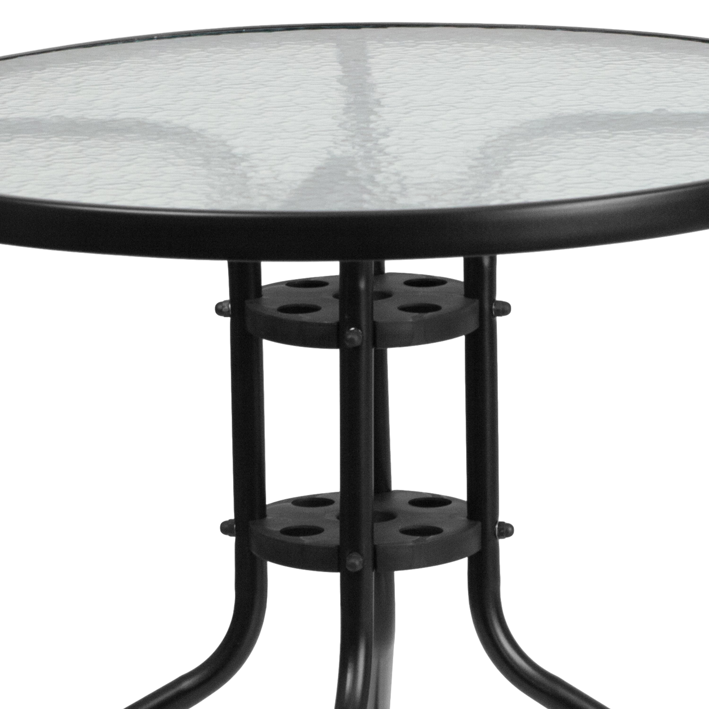 Lila 31.5'' Round Glass Metal Table with 4 Black Metal Aluminum Slat Stack Chairs