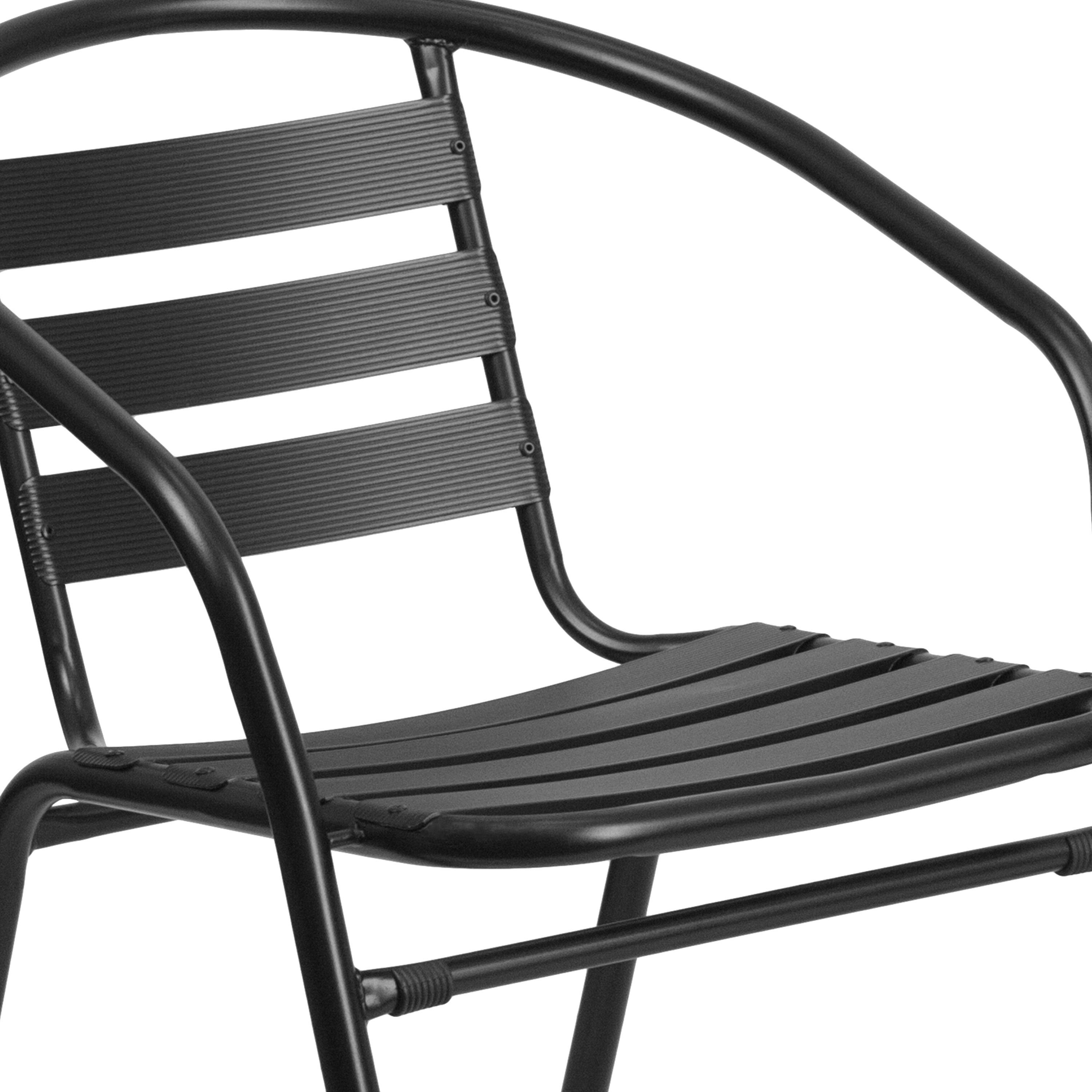 Lila 31.5'' Round Glass Metal Table with 4 Black Metal Aluminum Slat Stack Chairs