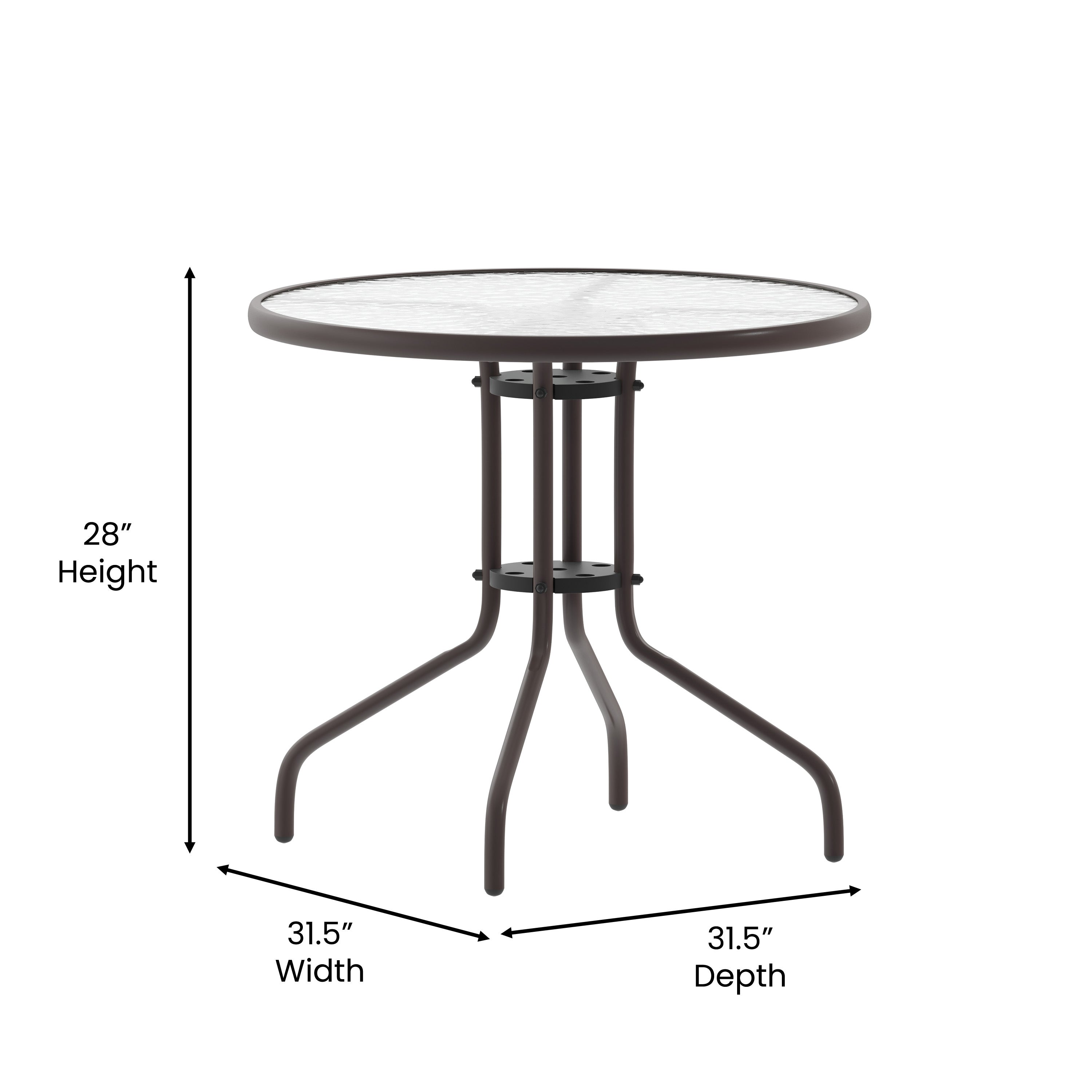 Lila 31.5'' Round Glass Top Metal Table with 4 Bronze Aluminum Slat Stack Chairs