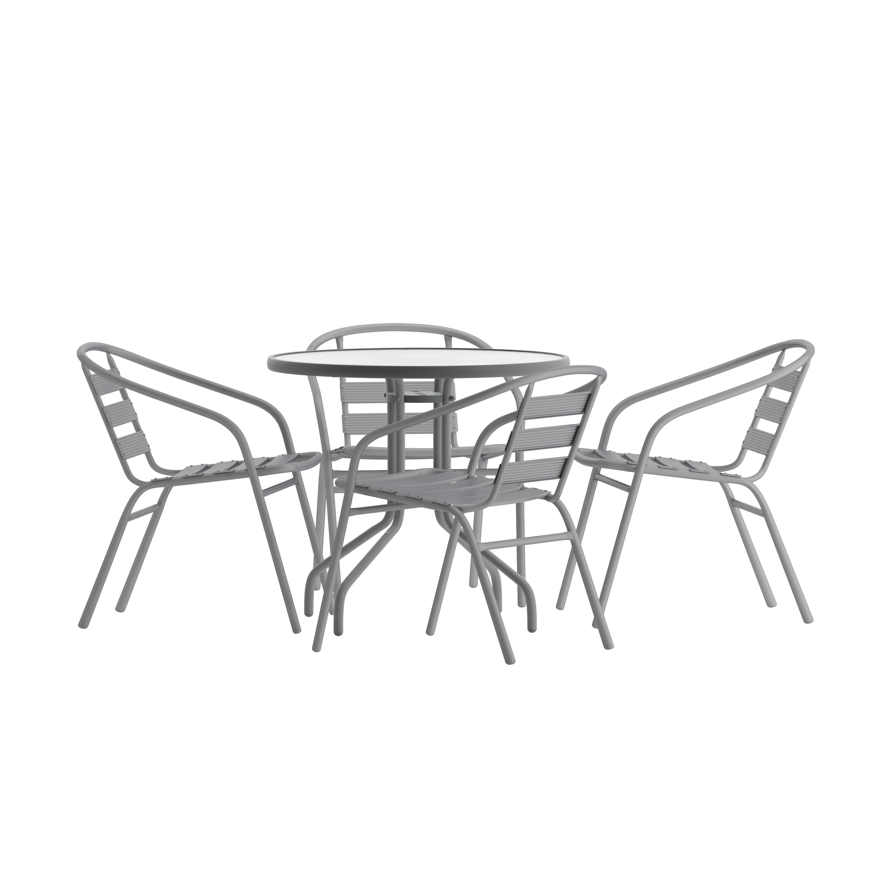 Lila 31.5'' Round Glass Top Metal Table with 4 Silver Aluminum Slat Stack Chairs