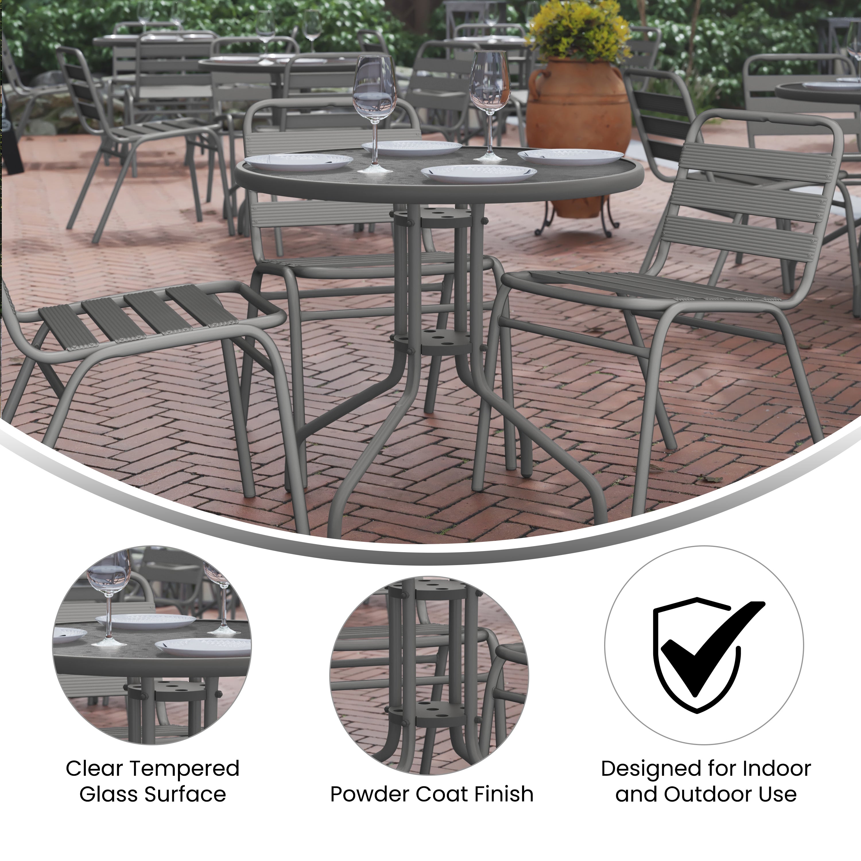 Lila 31.5'' Round Glass Top Metal Table with 4 Silver Aluminum Slat Stack Chairs