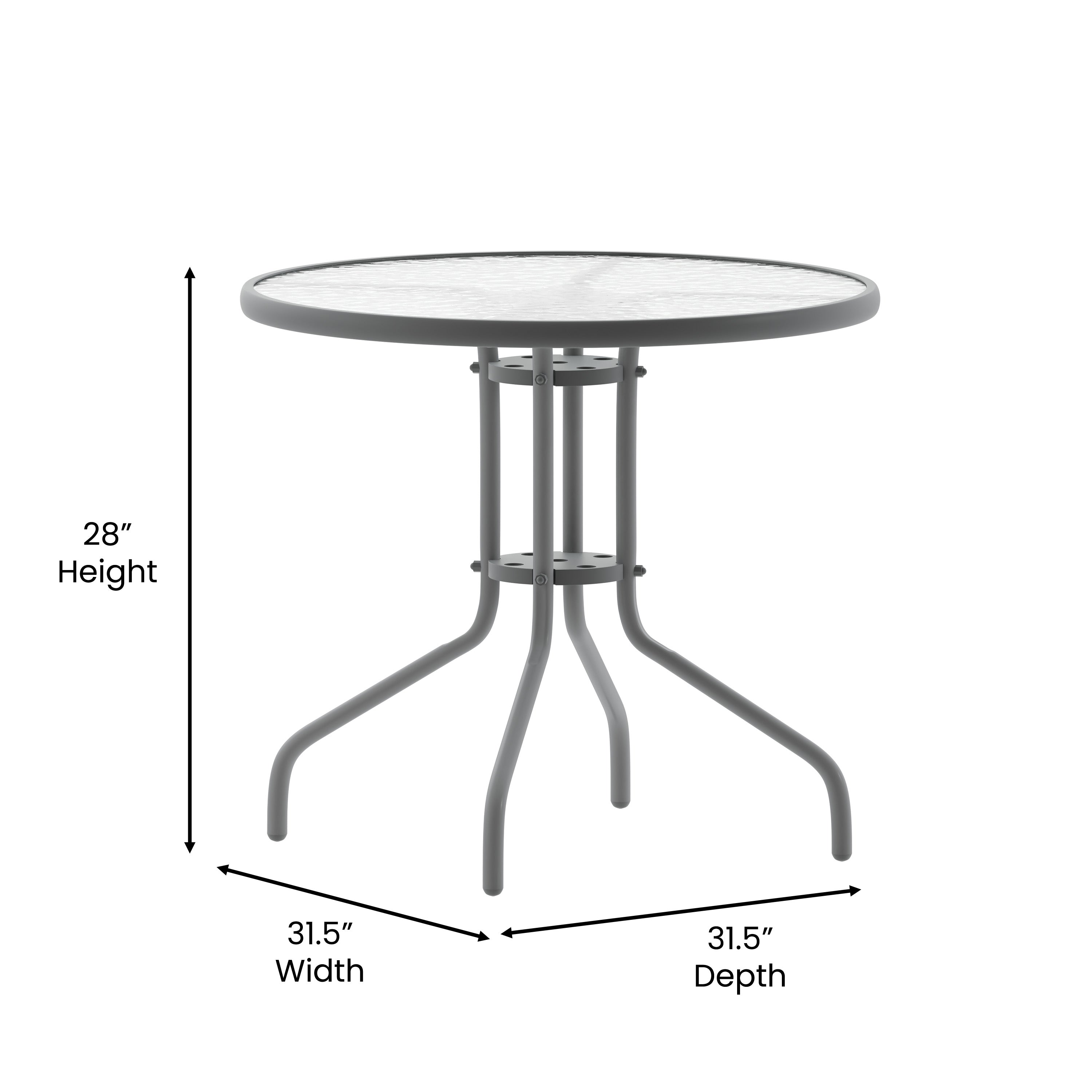 Lila 31.5'' Round Glass Top Metal Table with 4 Silver Aluminum Slat Stack Chairs