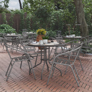 Lila 31.5'' Round Glass Top Metal Table with 4 Silver Aluminum Slat Stack Chairs