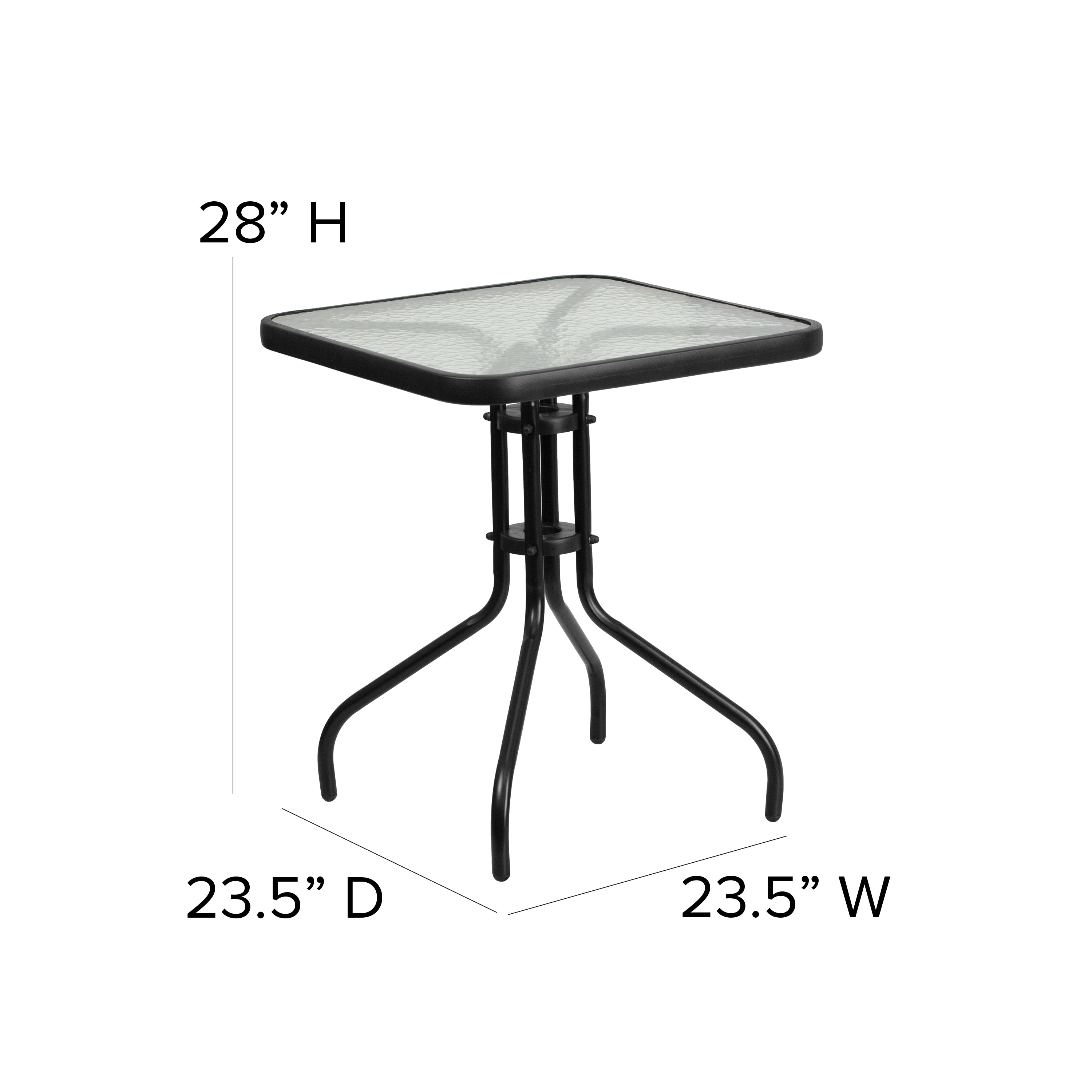 Lila 23.5'' Square Glass Metal Table with 2 Black Metal Aluminum Slat Stack Chairs