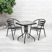 Lila 23.5'' Square Glass Metal Table with 2 Black Metal Aluminum Slat Stack Chairs