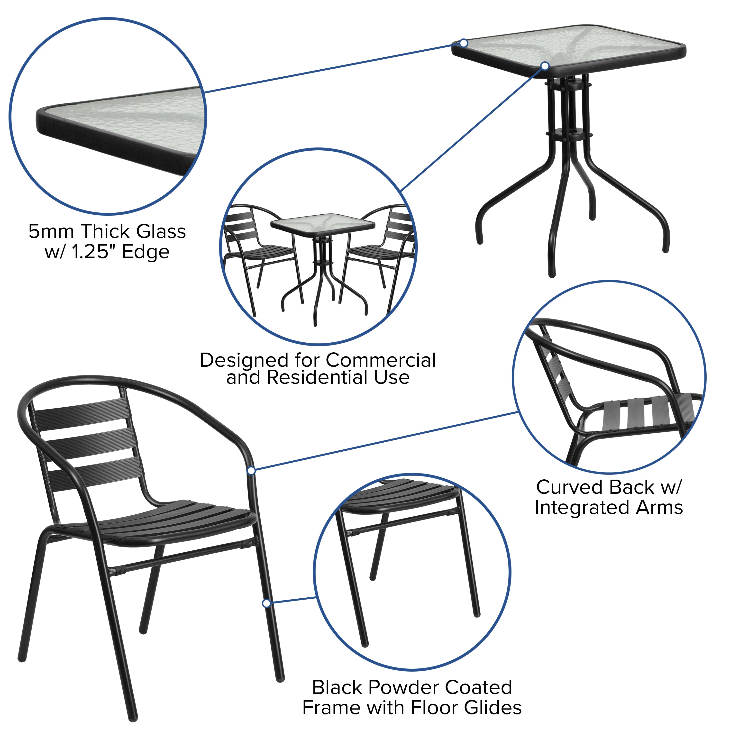 Lila 23.5'' Square Glass Metal Table with 2 Black Metal Aluminum Slat Stack Chairs