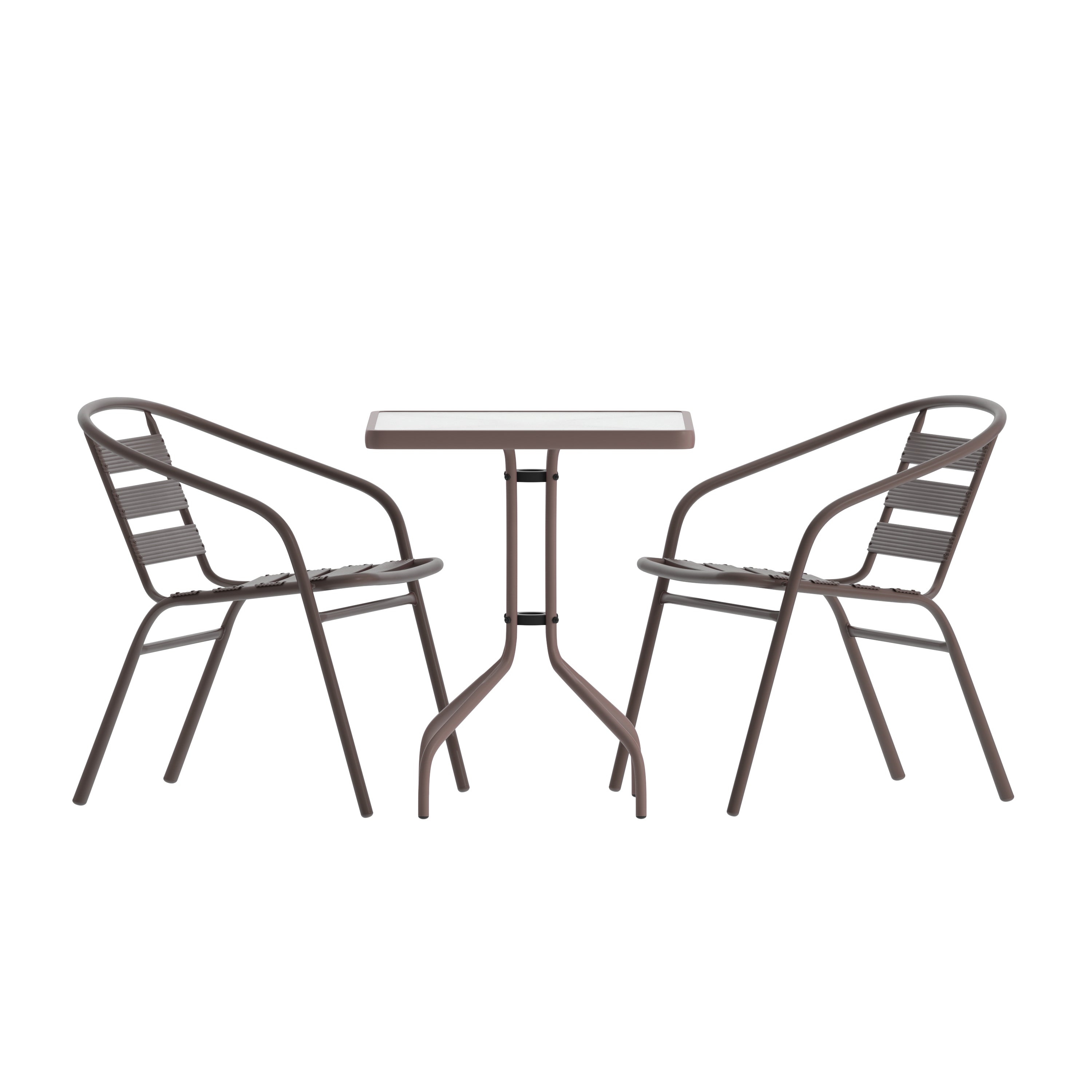 Lila 23.5'' Square Glass Top Metal Table with 2 Bronze Aluminum Slat Stack Chairs