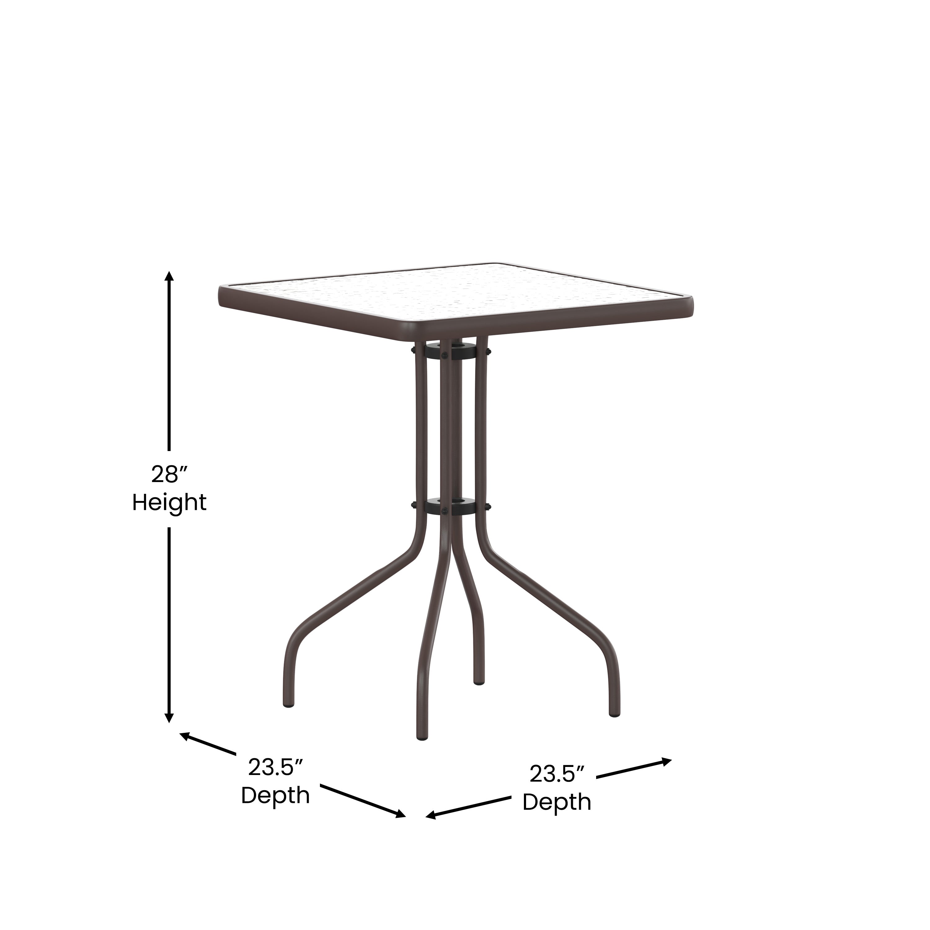 Lila 23.5'' Square Glass Top Metal Table with 2 Bronze Aluminum Slat Stack Chairs